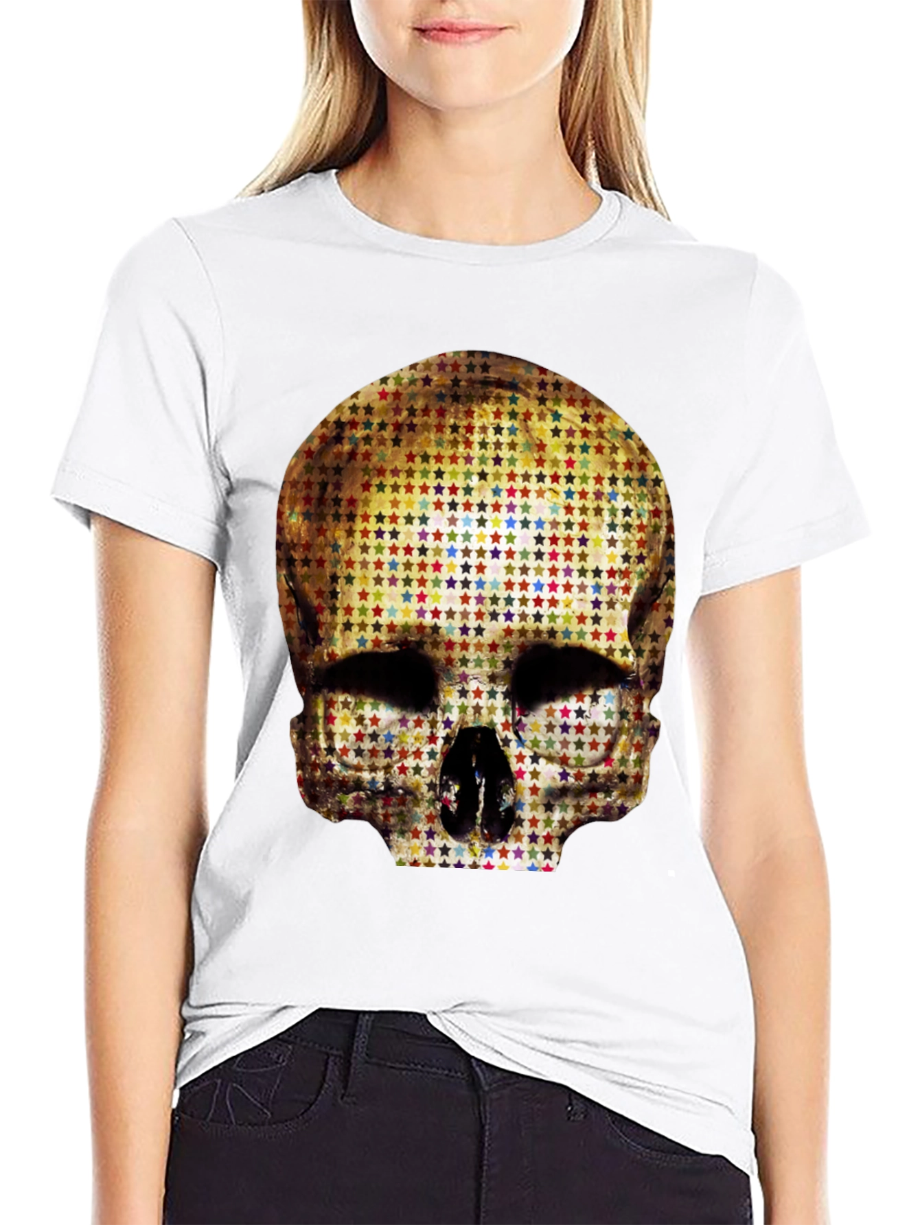 Black Skull Star Pattern Graphic Tee - Black view 9