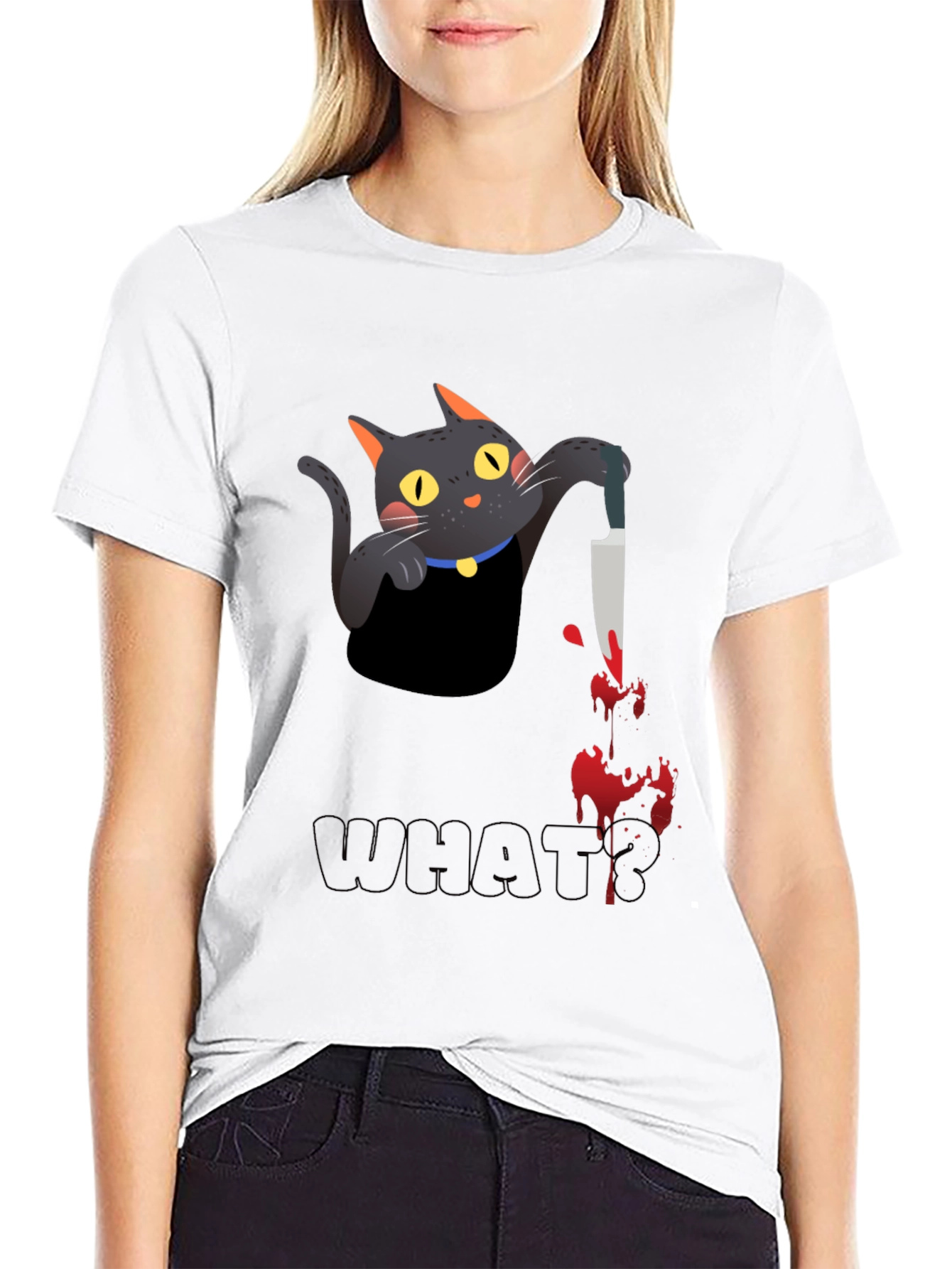 Black Cat With Knife Black T-Shirt - What? view 9