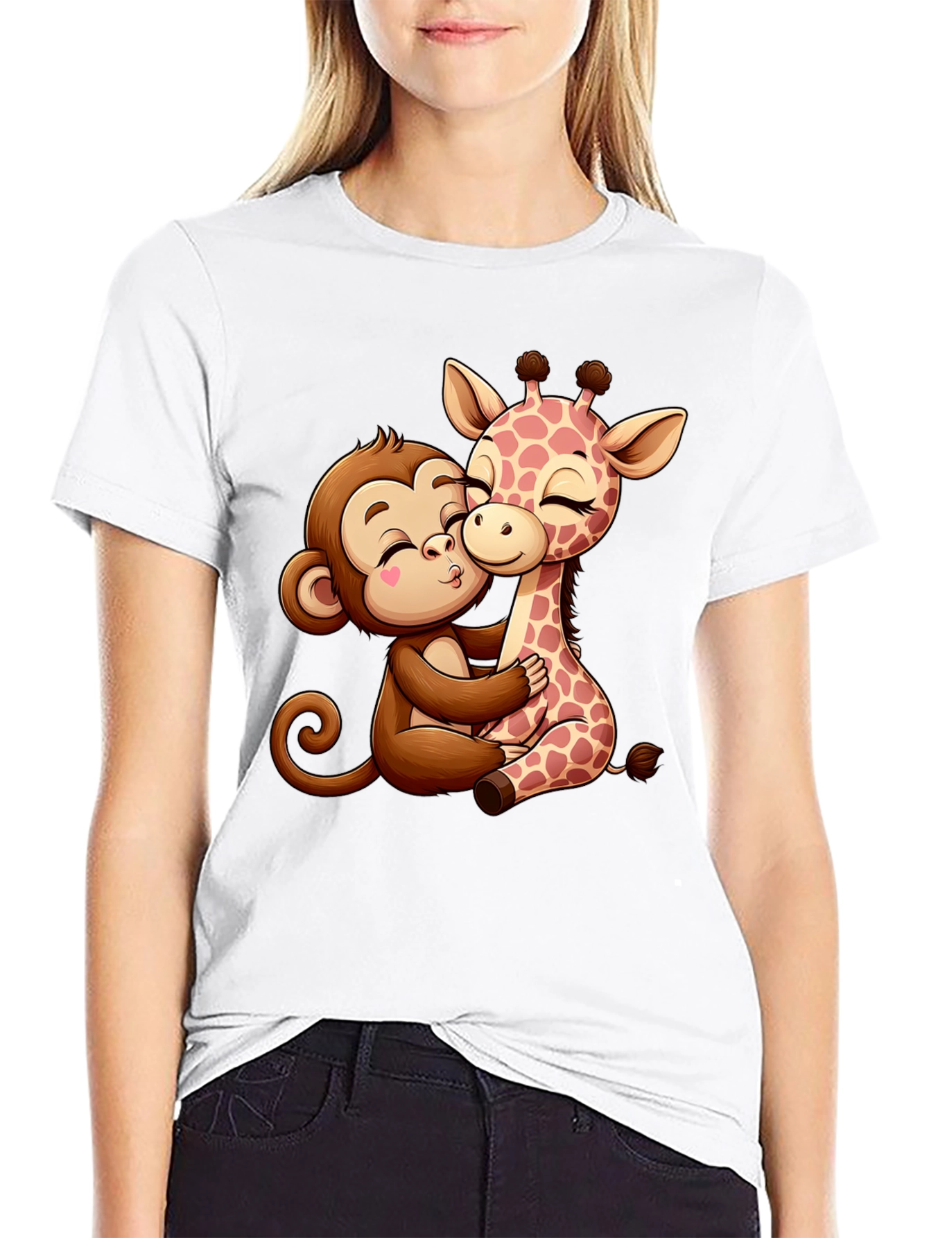 Black Monkey and Giraffe Hug Graphic Tee view 9