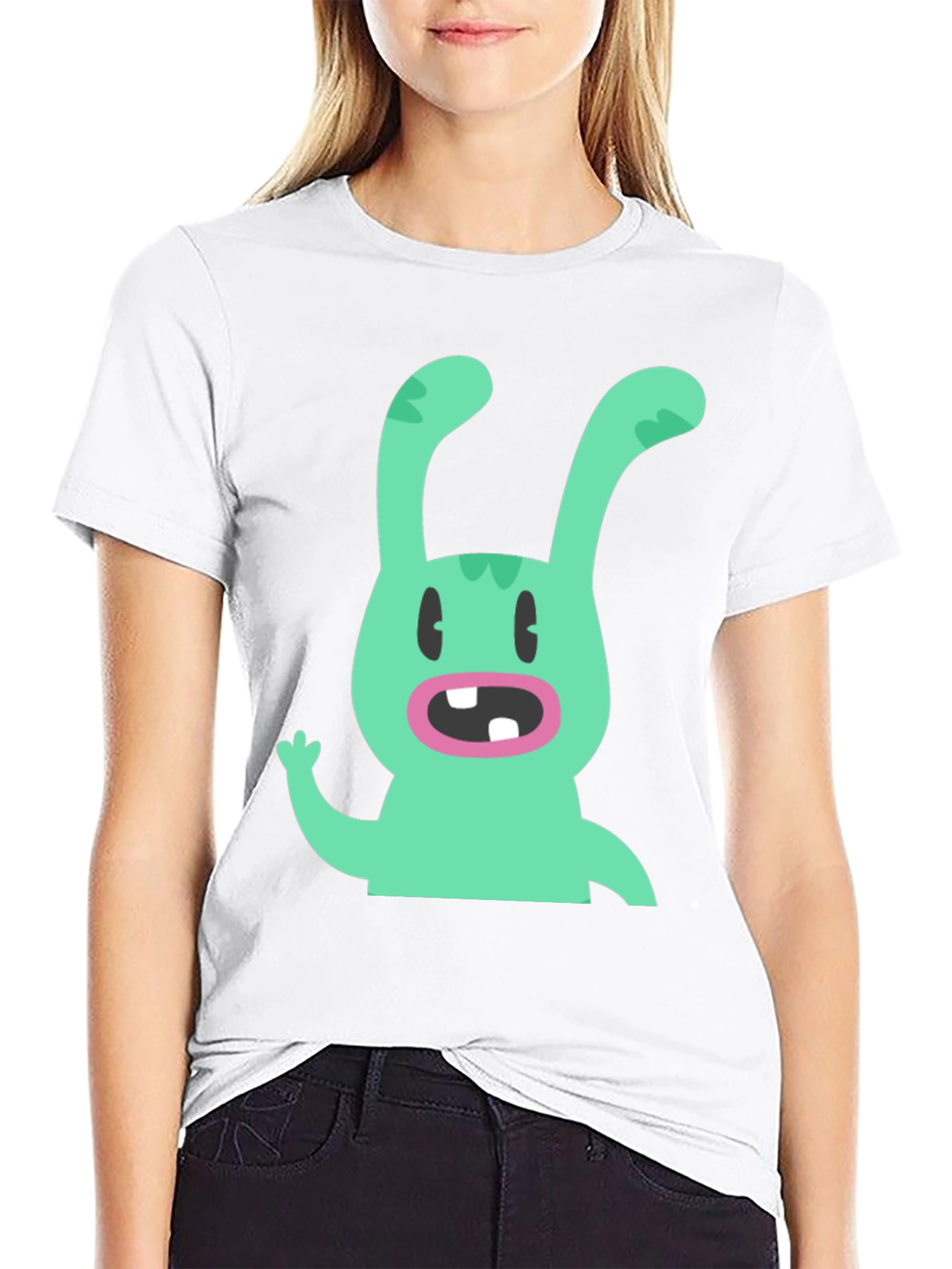 Black Cartoon Rabbit Graphic Tee - Black Cotton T-Shirt view 9