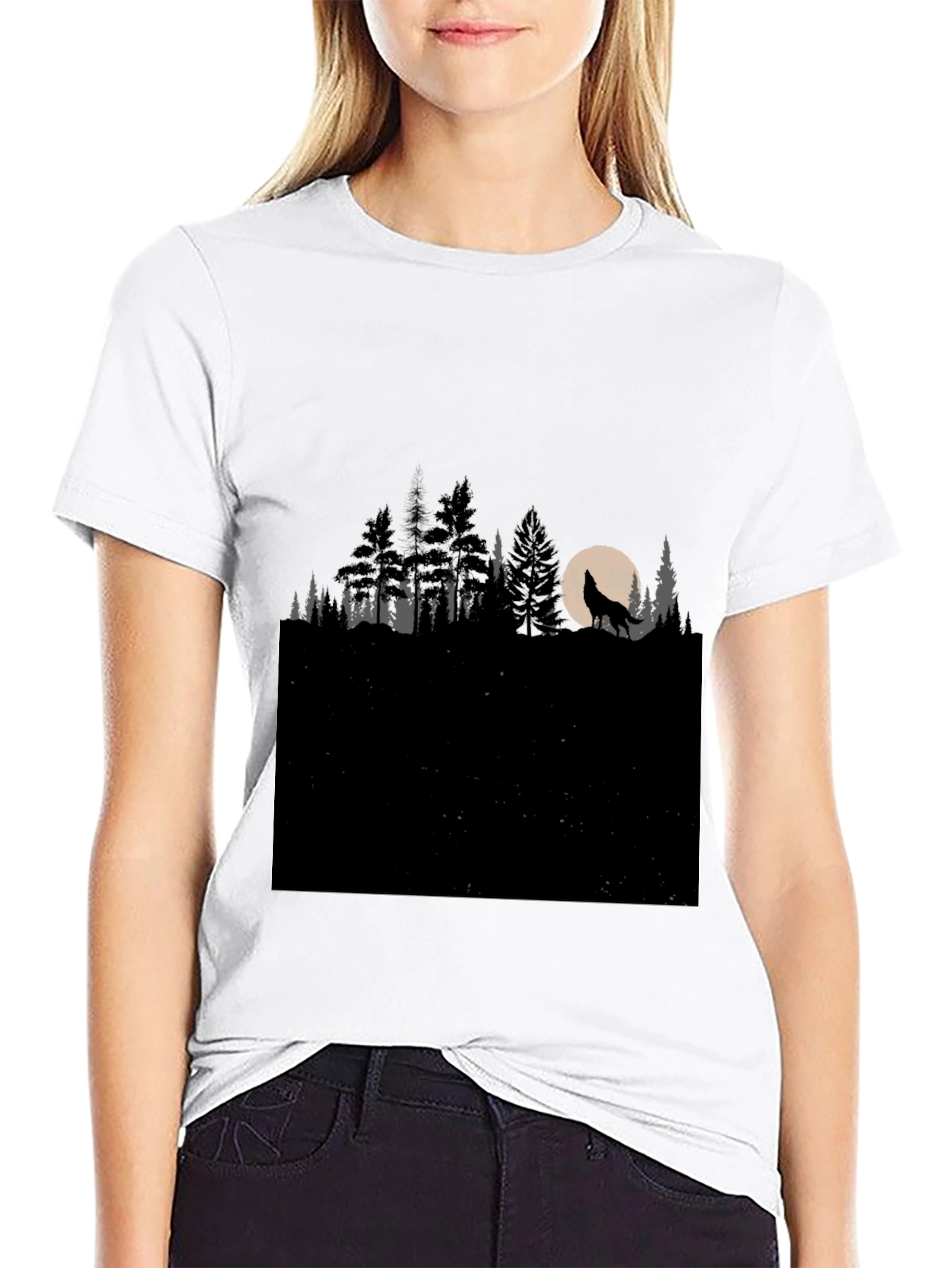 Black Wolf Howling at Moon in Forest T-Shirt view 9