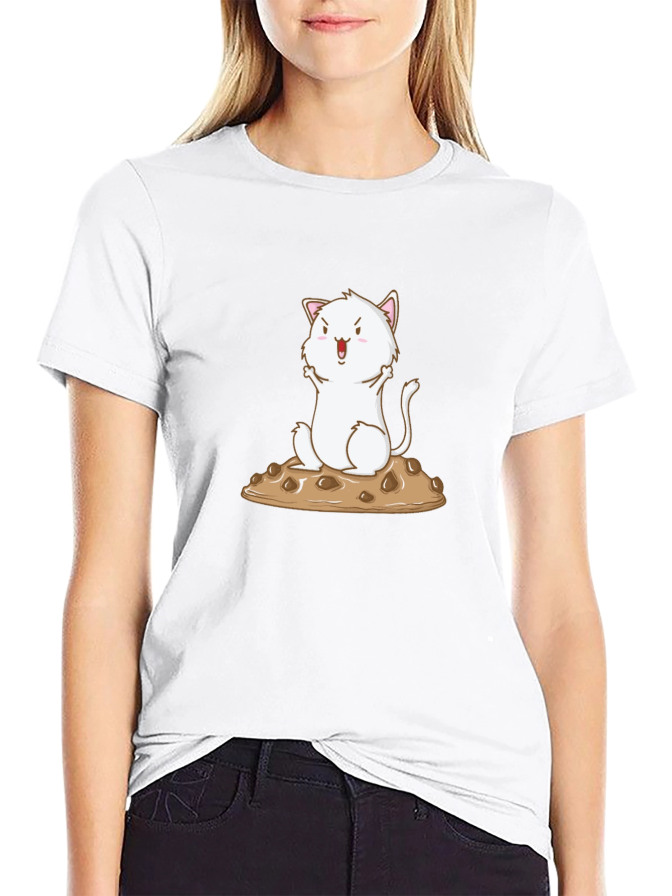 Black Cute Cat on Cookie Graphic T-Shirt view 9