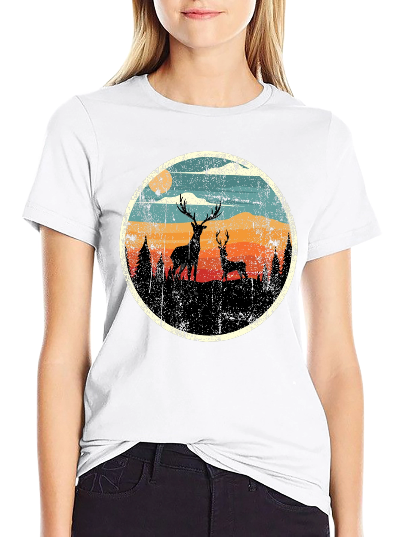 Black Deer Silhouette Graphic Print Black T-Shirt view 9