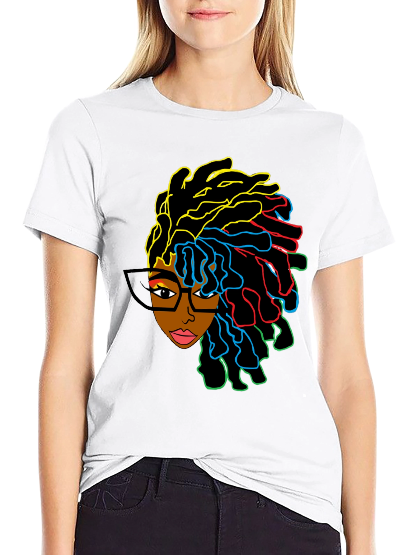 Black Stylish Graphic Tee - Afro Woman with Colorful Dreadlocks view 9