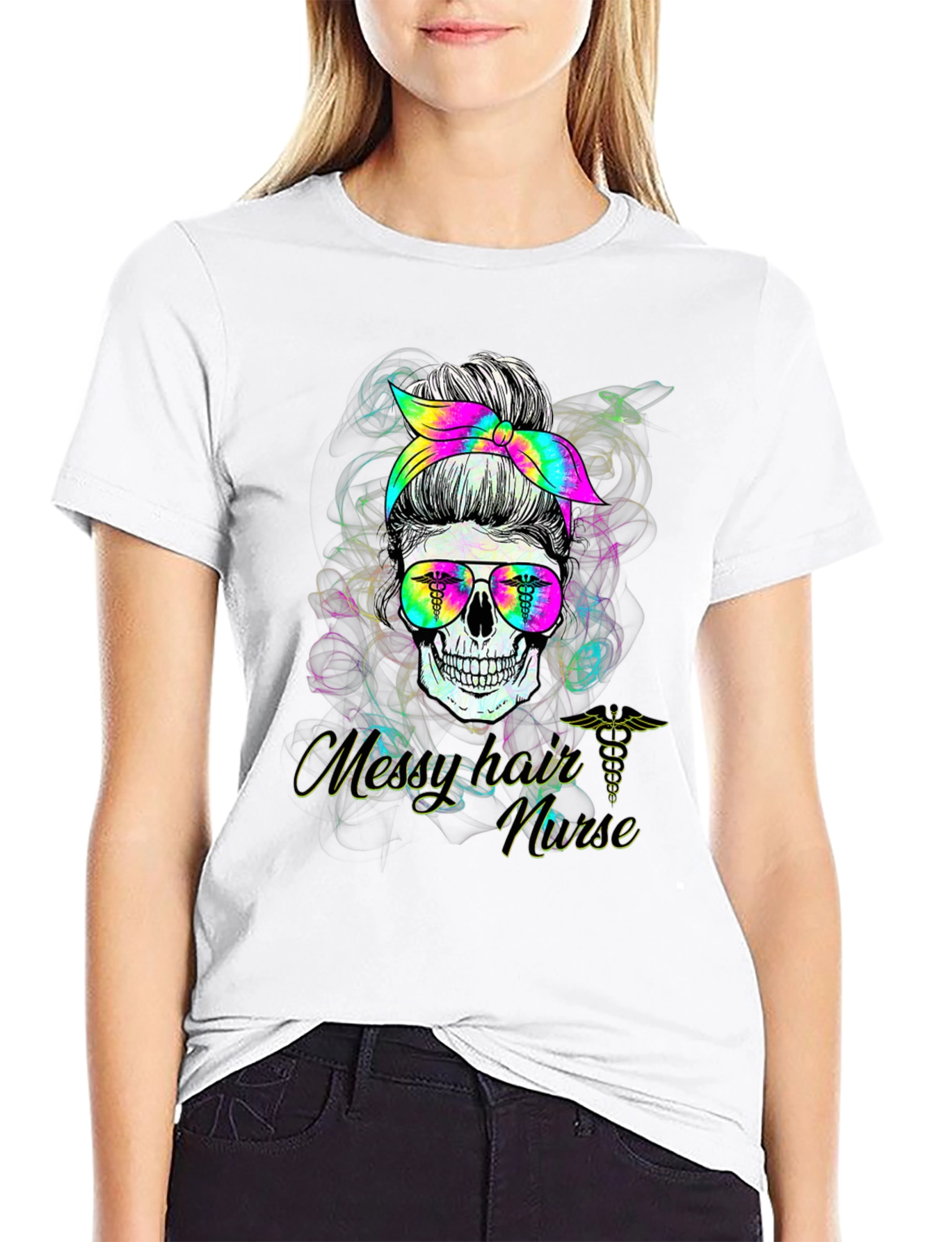 Black Messy Hair Nurse Skull T-Shirt view 9