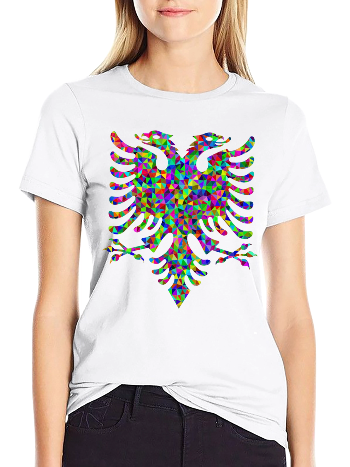 Black Colorful Geometric Eagle Graphic Tee - Stylish Black T-Shirt view 9