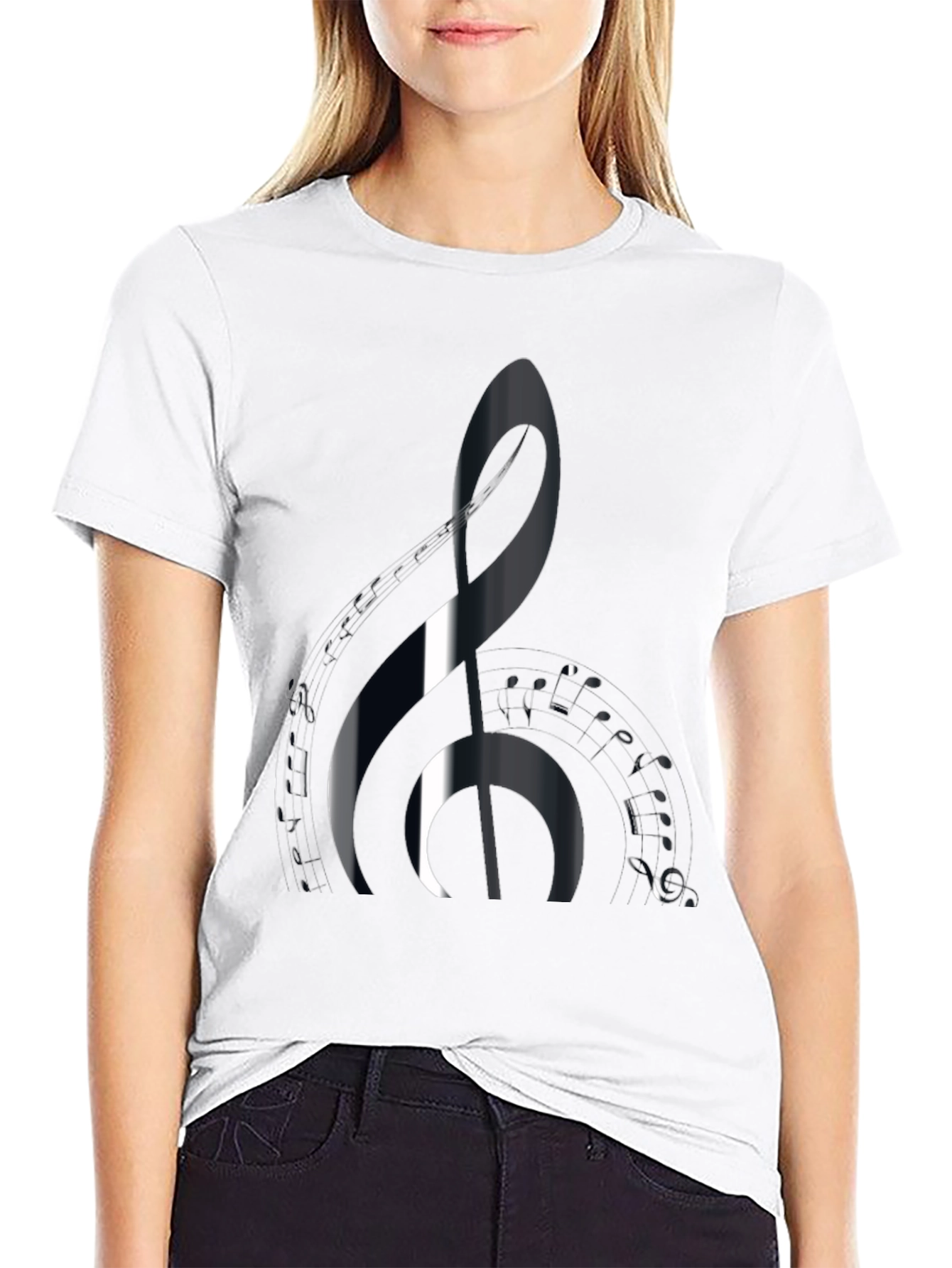 Black Music Lover's Black T-Shirt with Treble Clef Design view 9