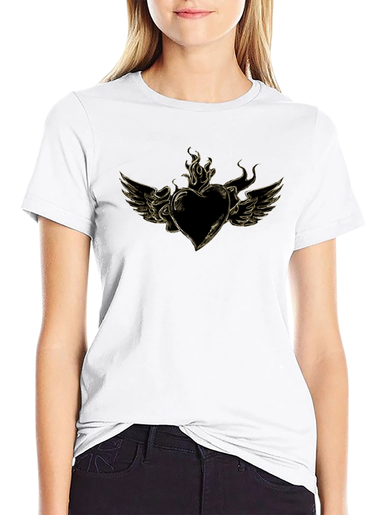 Black Men's Black T-Shirt with Heart and Wings Graphic view 9