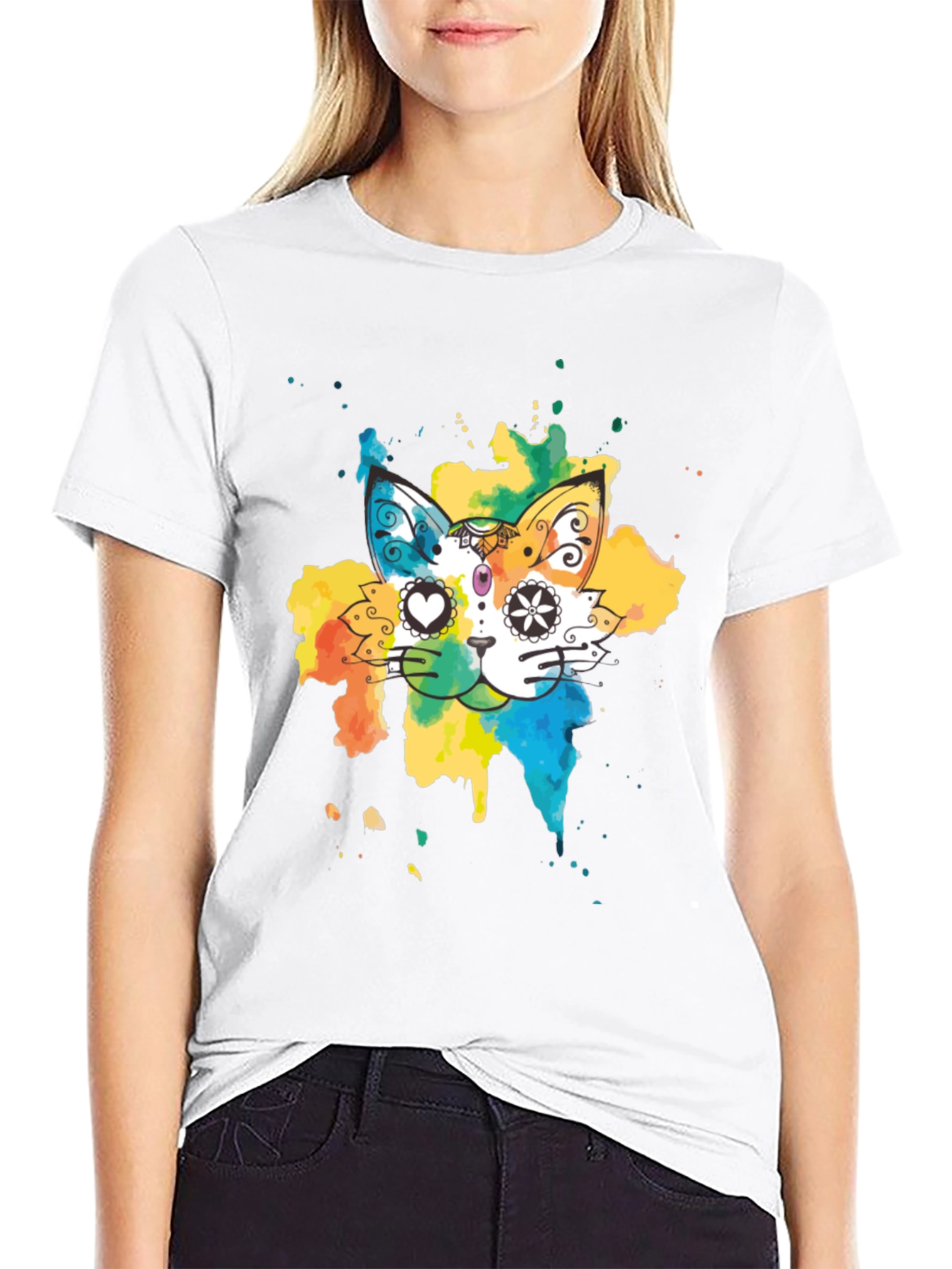 Black Colorful Cat T-Shirt - Whimsical Design Tee view 9