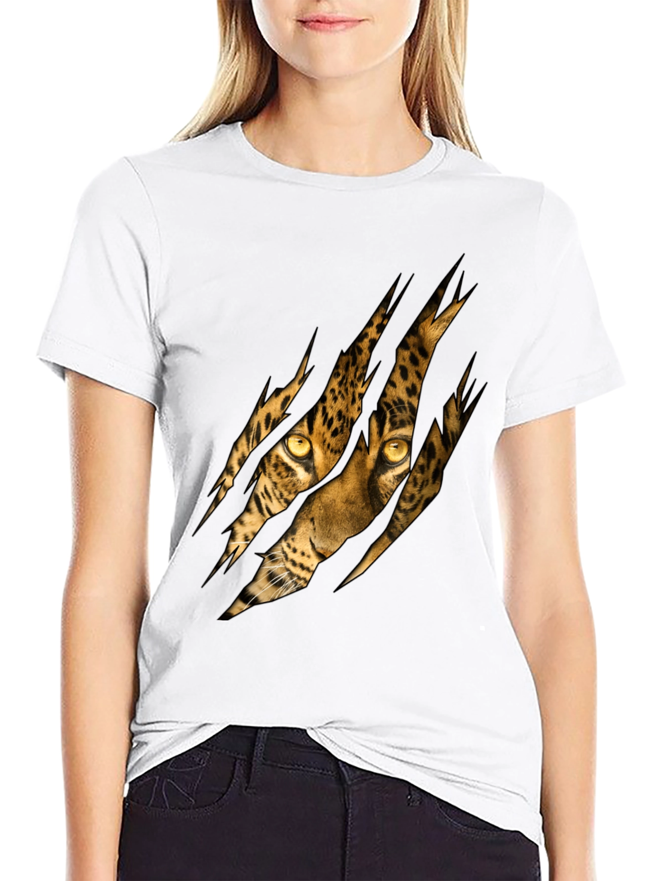 Black Men's Black T-Shirt with Ripped Leopard Design view 9