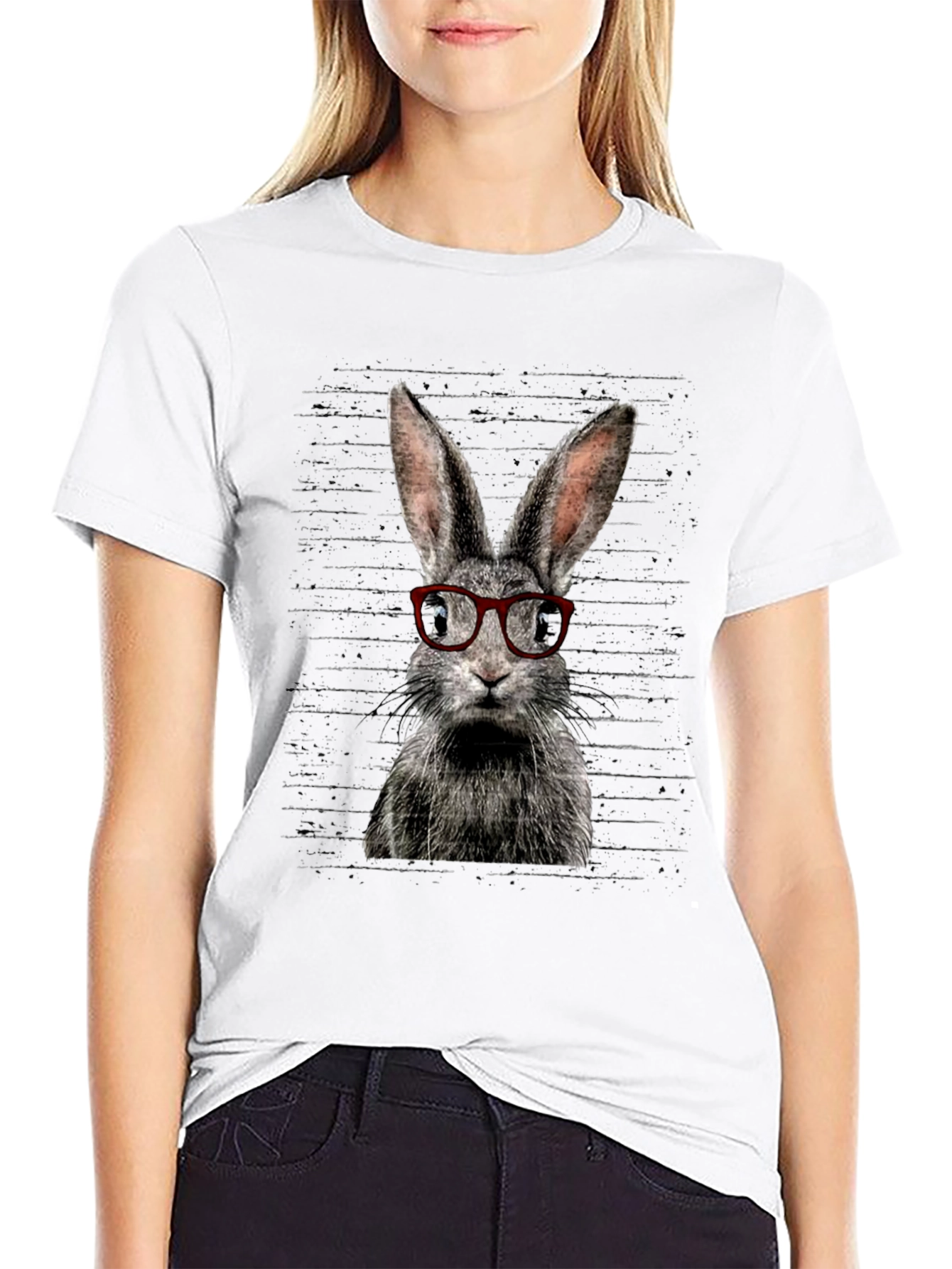 Black Hipster Rabbit Graphic Tee - Unisex Black T-Shirt view 9