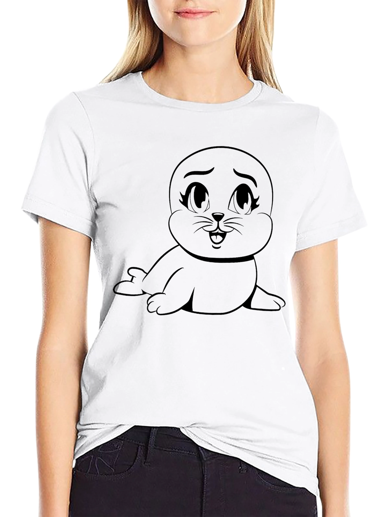 Black Cute Seal Cartoon Black T-Shirt view 9