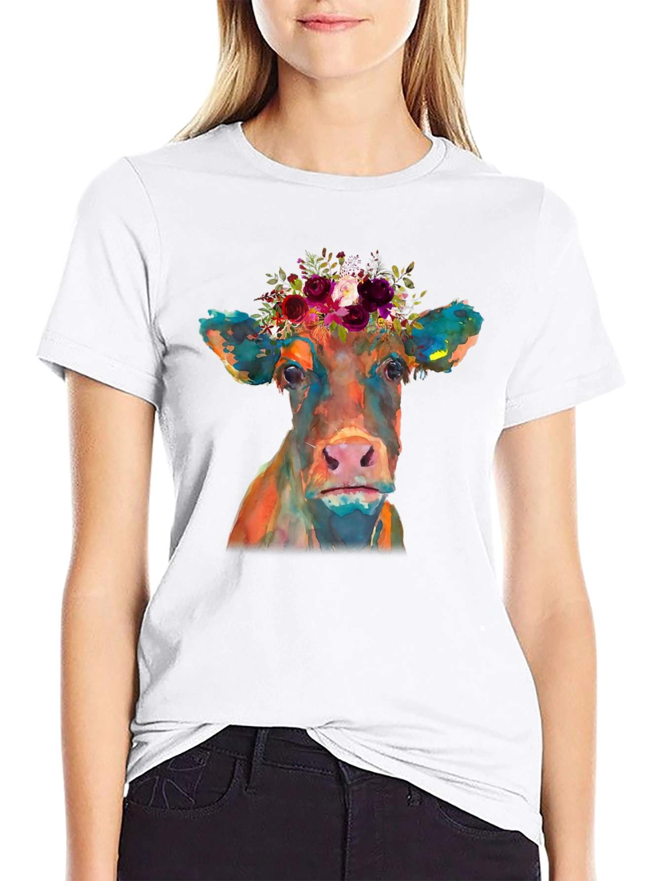 Black Floral Crown Cow Graphic Tee - Black Casual T-Shirt view 9