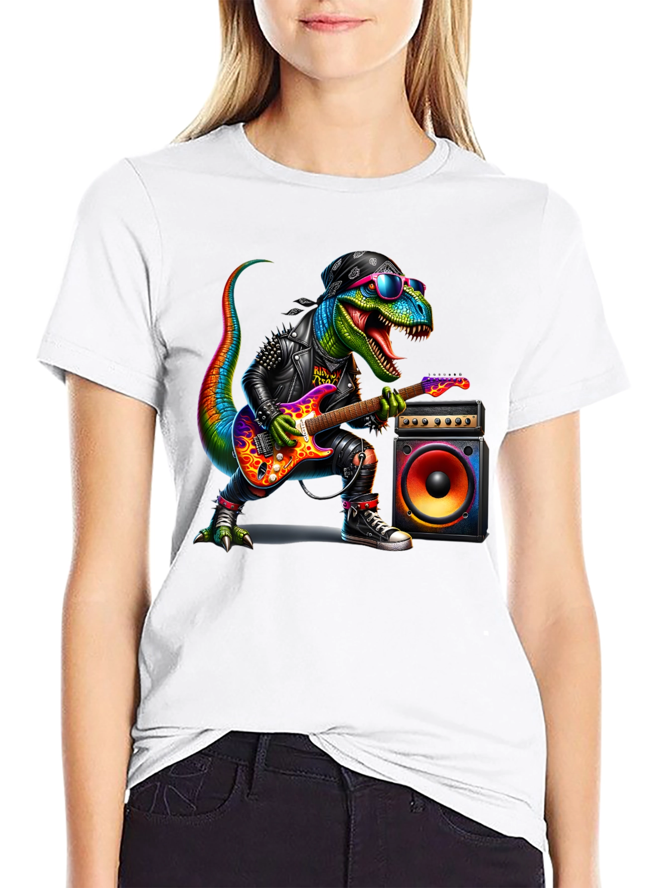 Black Rockin' Rex T-Shirt - Dinosaur Guitarist view 9