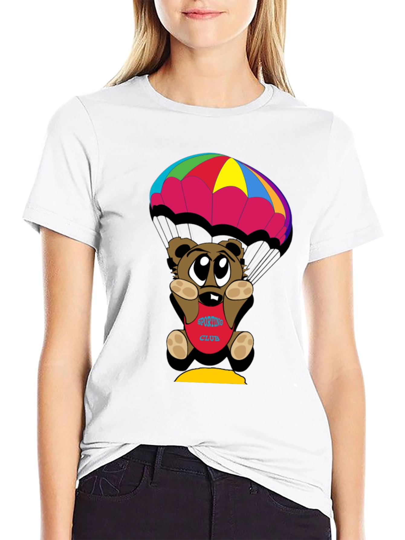Black Cartoon Bear Parachute Black T-Shirt view 9