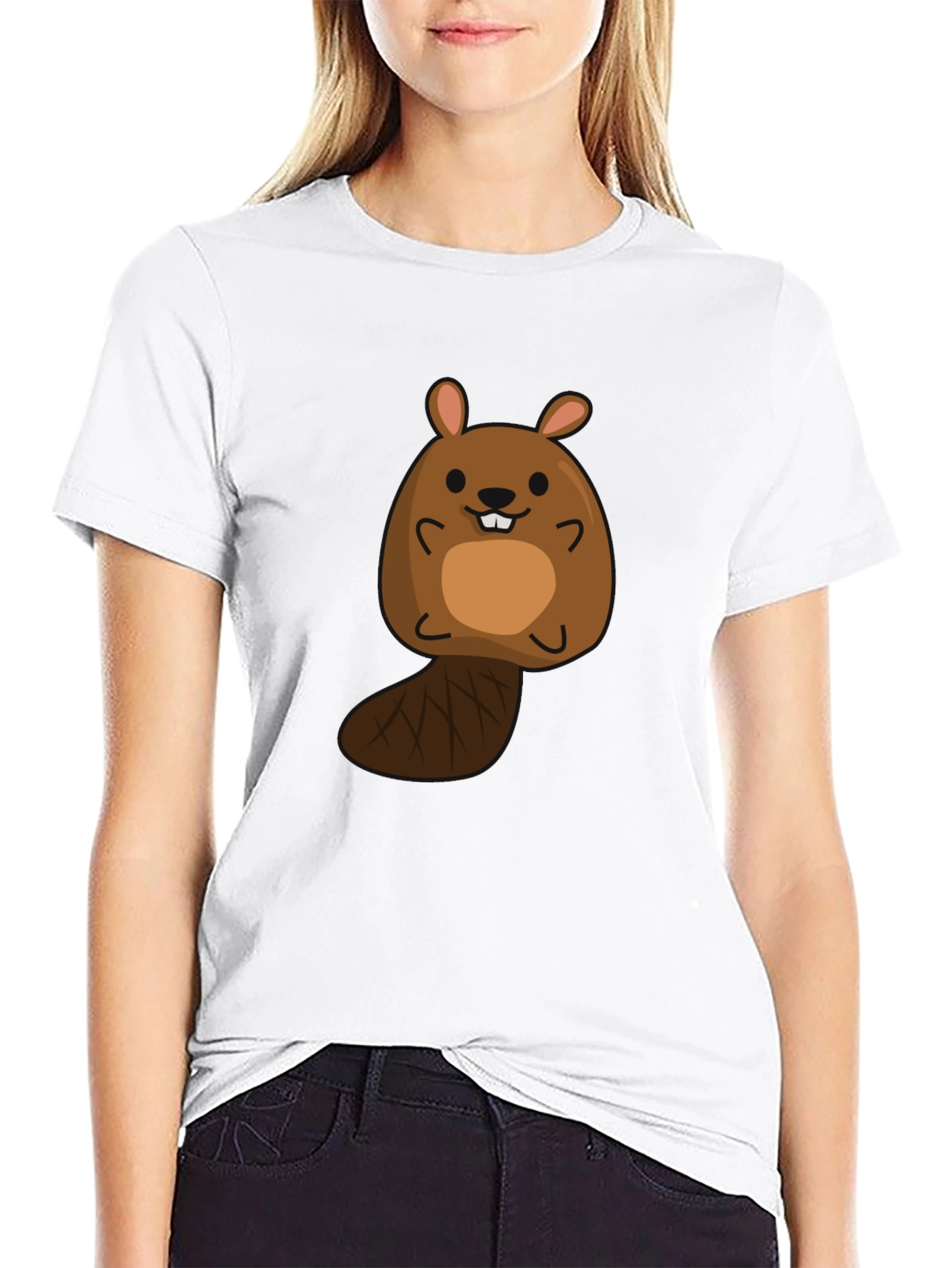 Black Cute Beaver Cartoon Black T-Shirt view 9