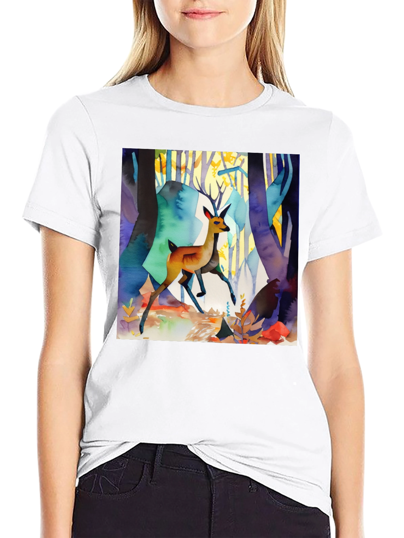Black Watercolor Deer Forest Print Black T-Shirt view 9
