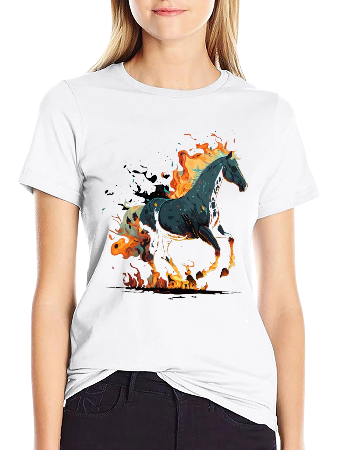 Flaming Horse Graphic Tee - Black Cotton Blend - 9
