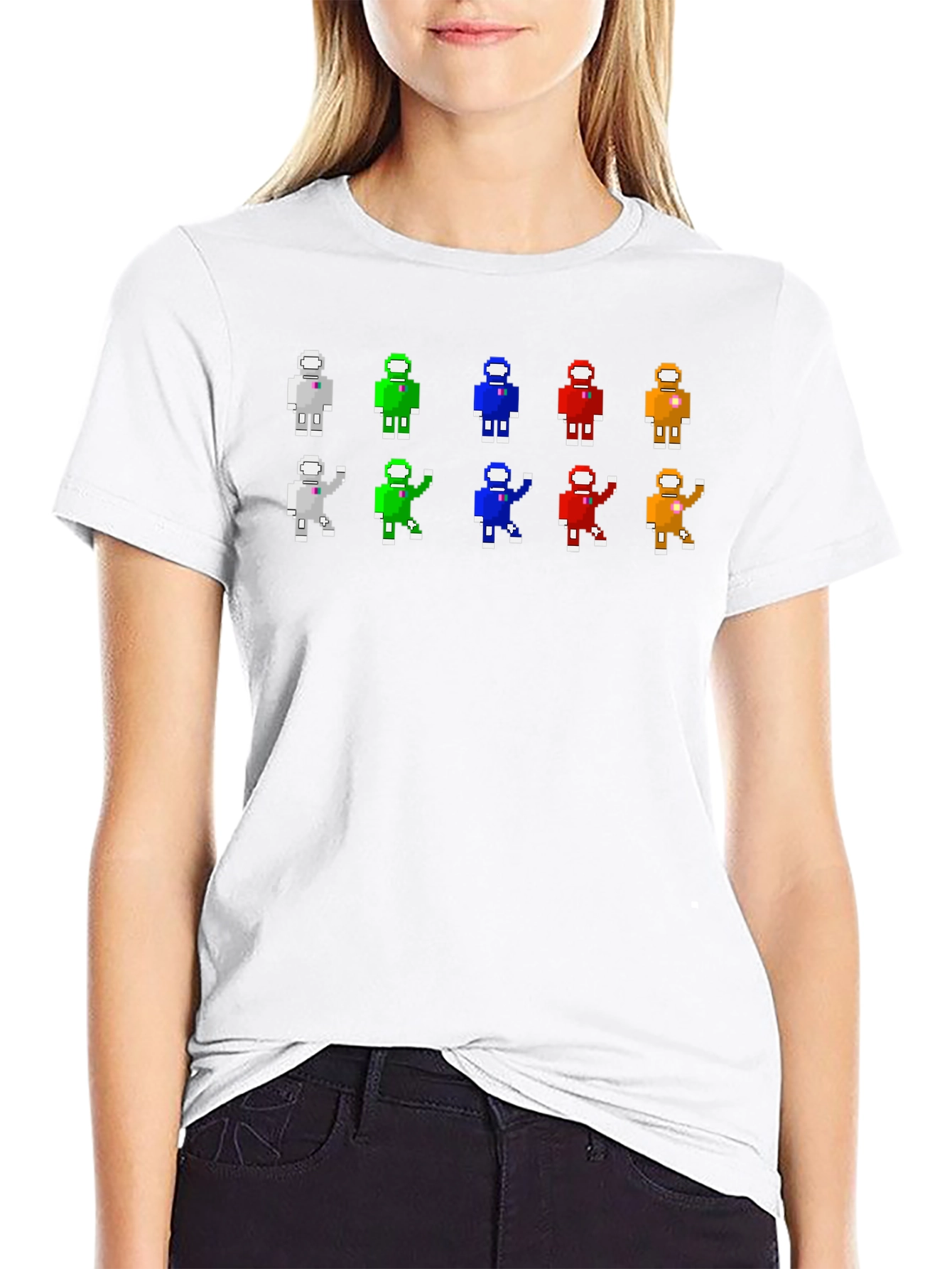 Black Pixel Art Color Block Crew Neck T-Shirt view 9