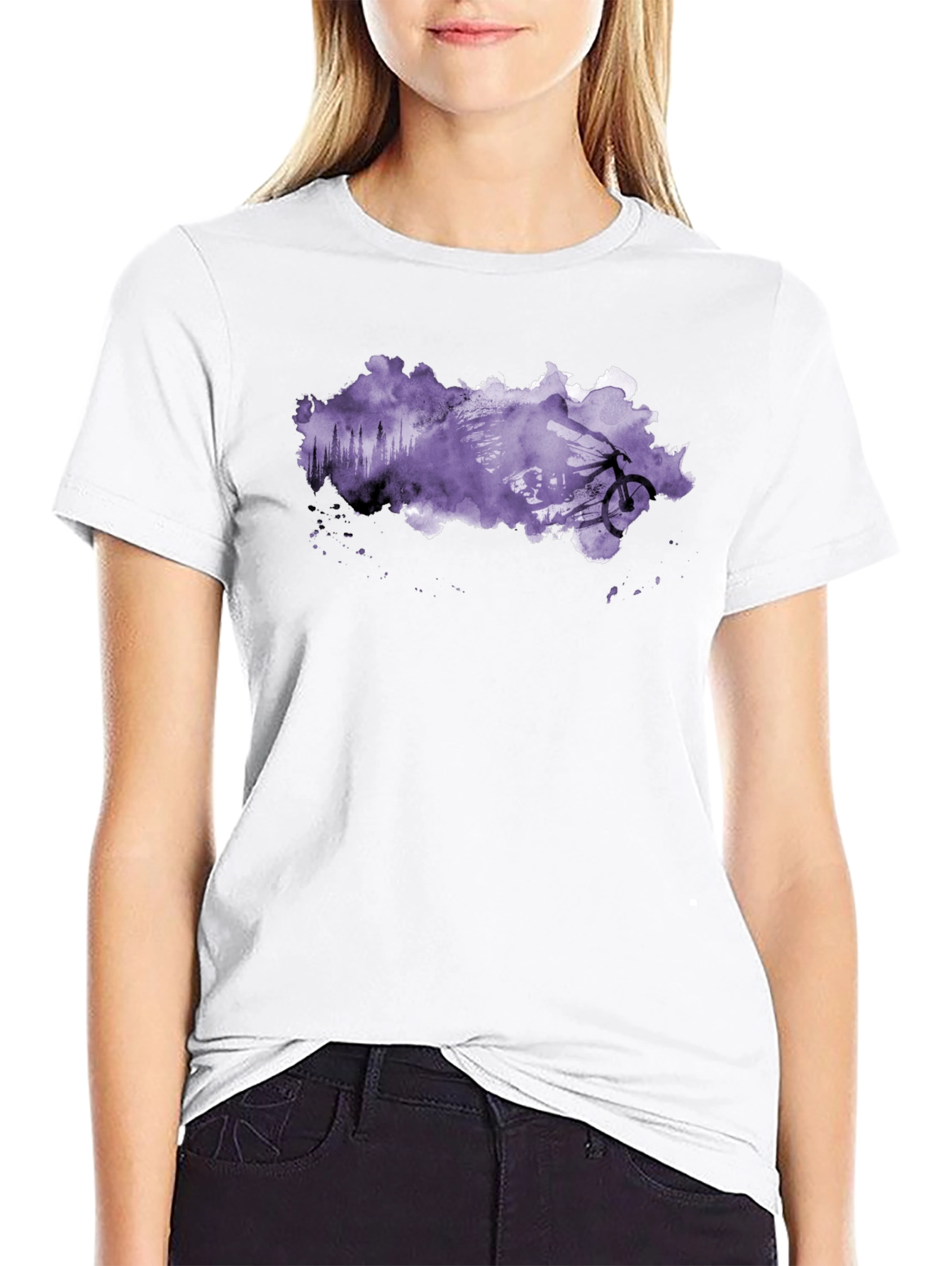 Black Mountain Biker Watercolor Graphic Tee - Black Cotton view 9
