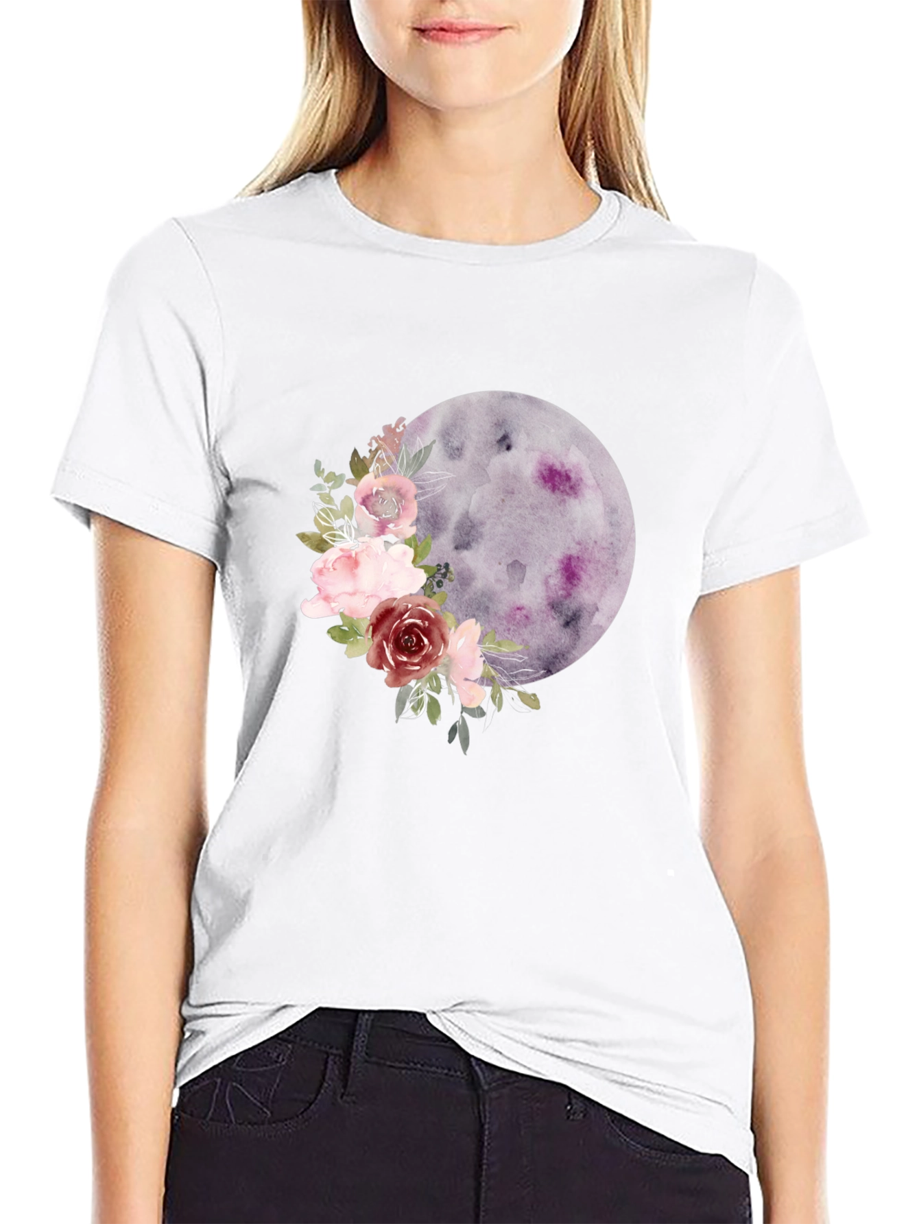 Black Floral Moon Graphic Tee - Black Casual T-Shirt view 9