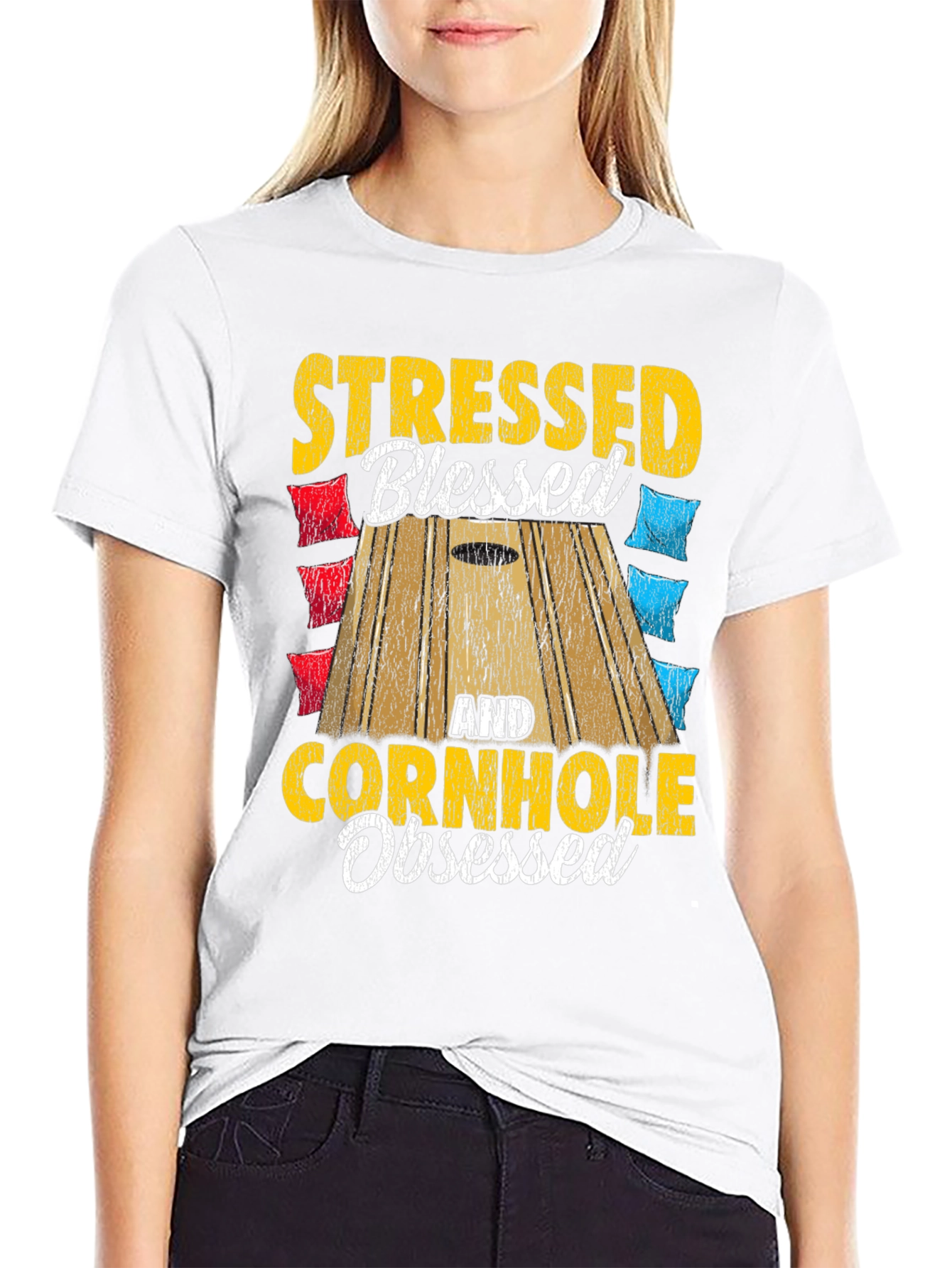Black Stressed Blessed Cornhole Obsessed Graphic Tee view 9