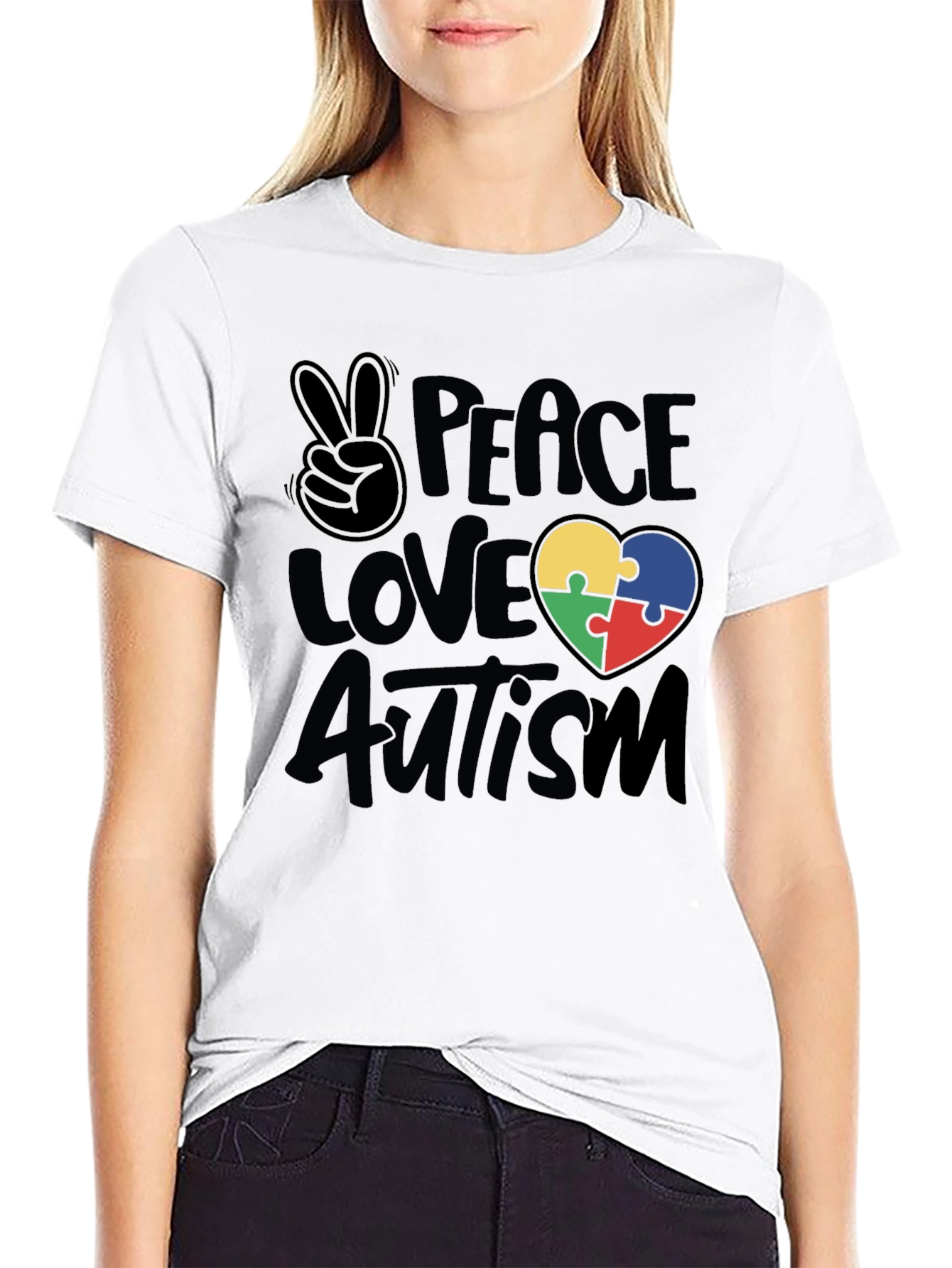 Black Peace Love Autism Puzzle Heart T-Shirt view 9