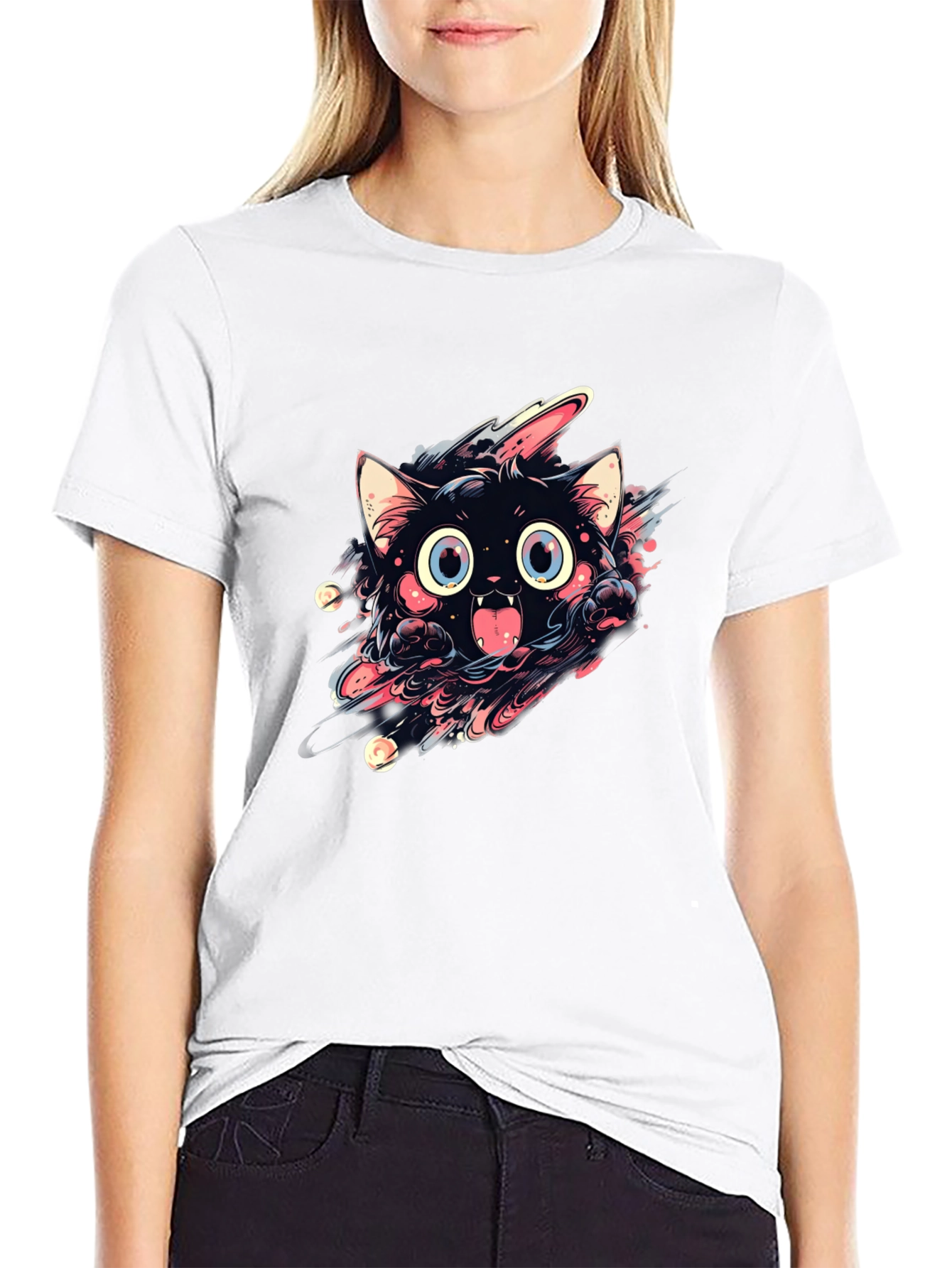 Black Cartoon Cat Graphic Black T-Shirt view 9