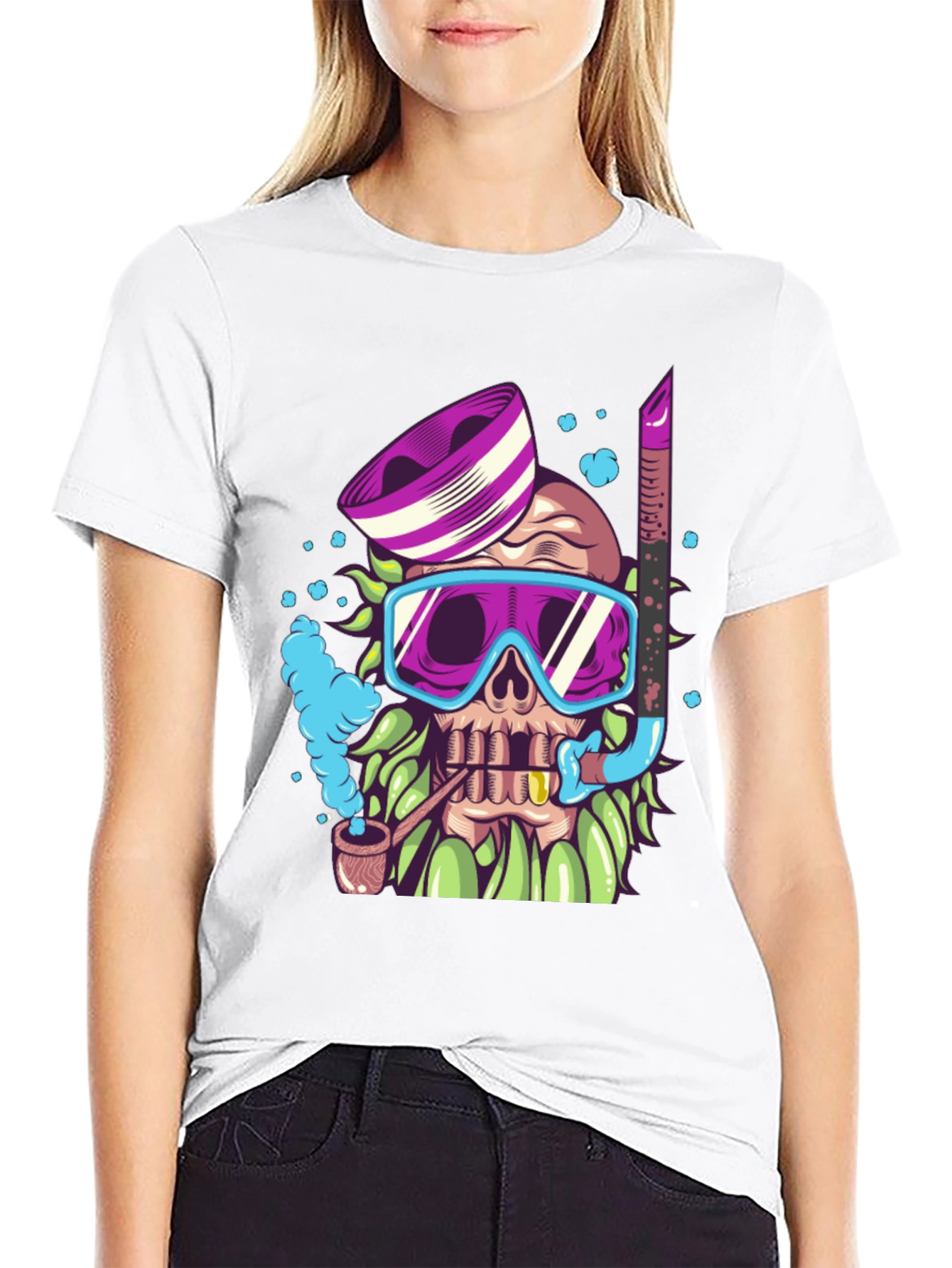 Black Diver Skull Graphic Tee - Black Cotton T-Shirt view 9