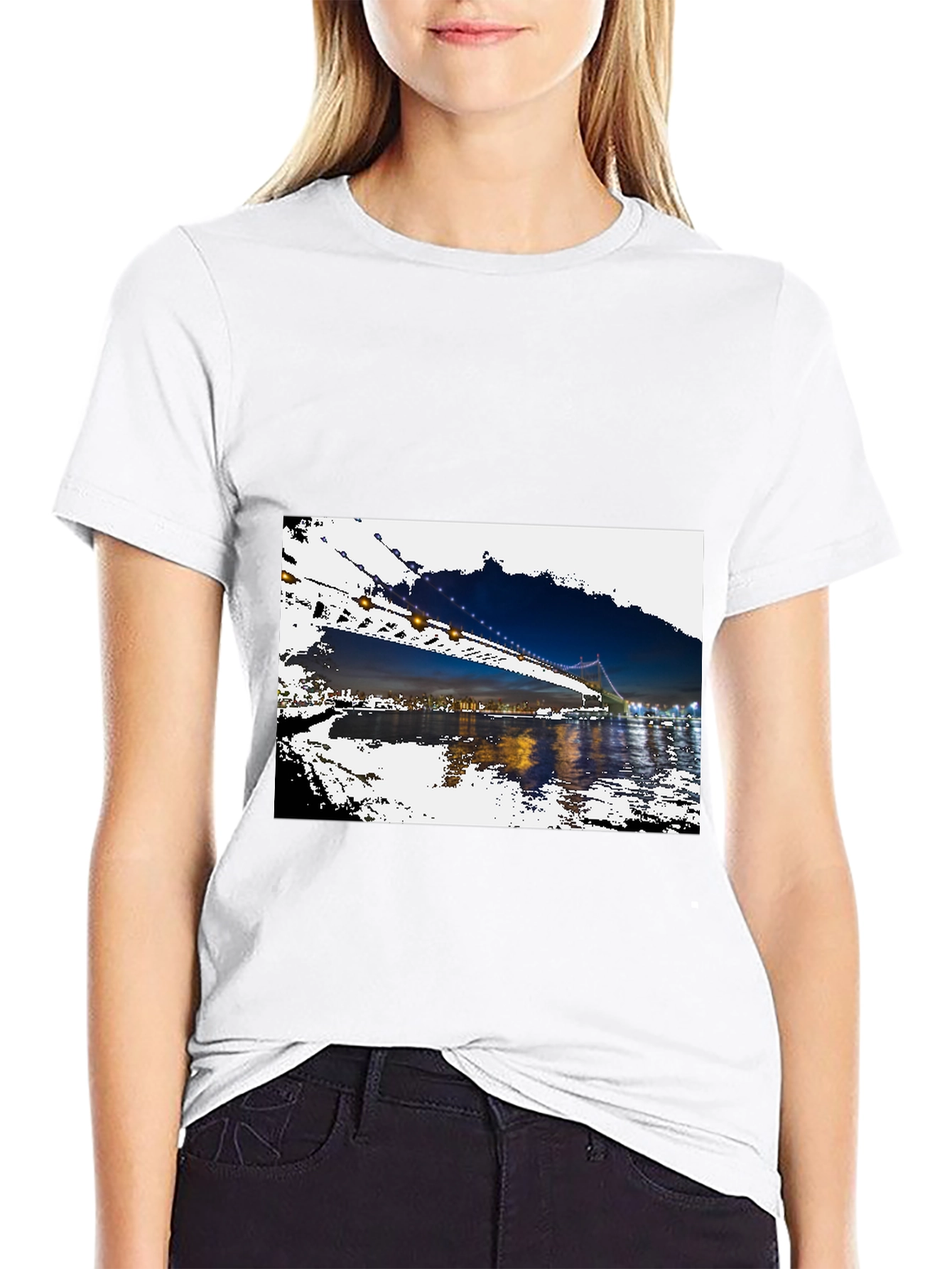 Black Night Bridge Print Black T-Shirt view 9