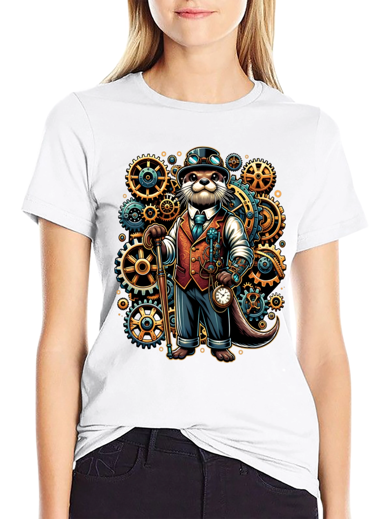 Black Steampunk Otter Graphic Tee view 9