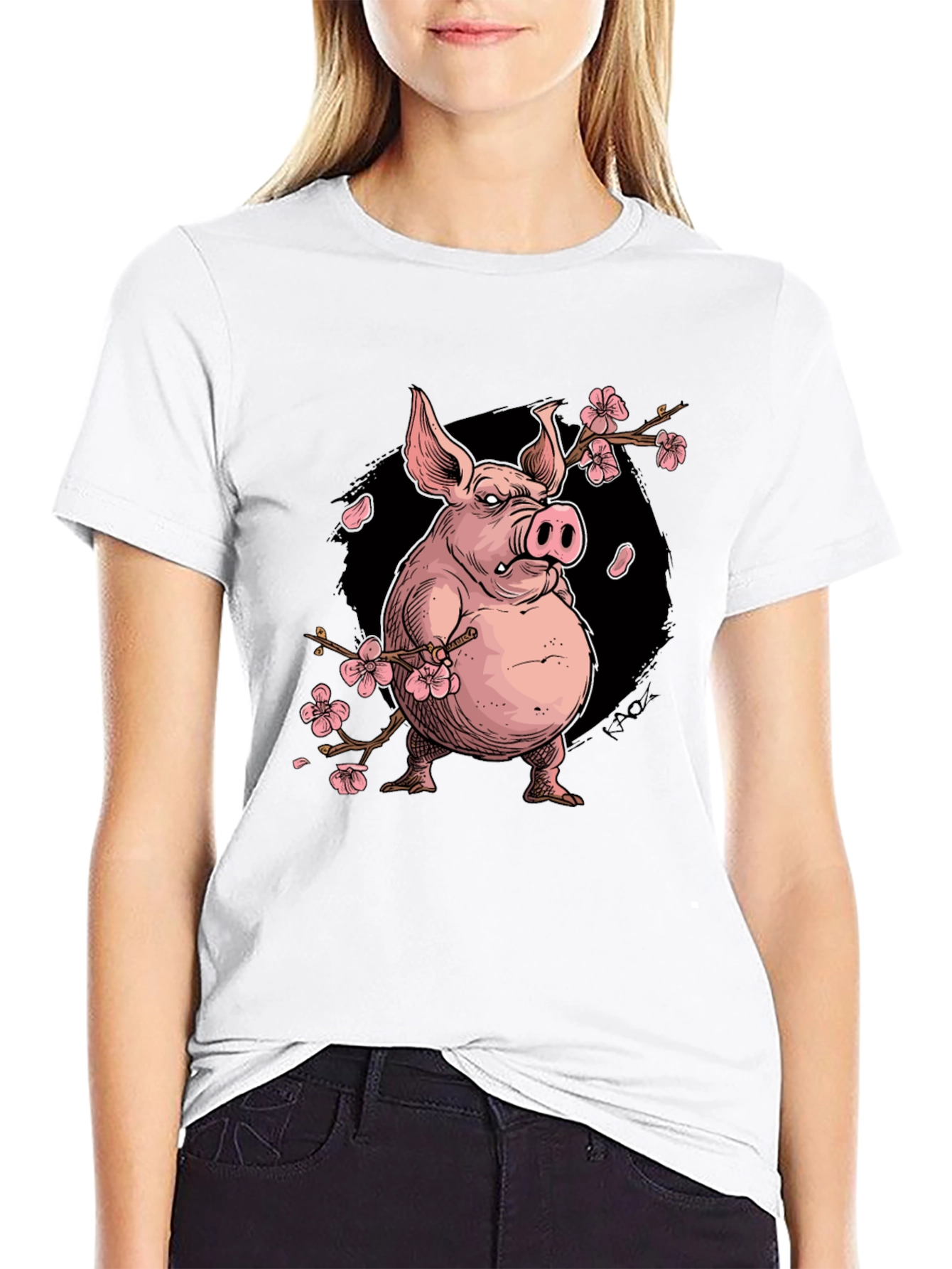 Black Pig with Cherry Blossoms Graphic T-Shirt view 9