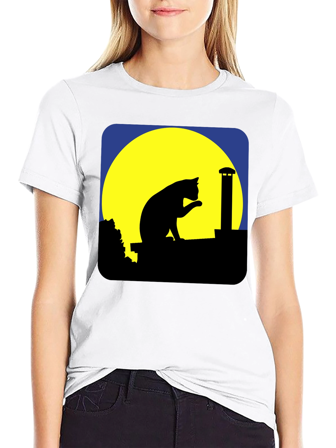 Black Cat On Rooftop Silhouette Graphic Tee - Black view 9