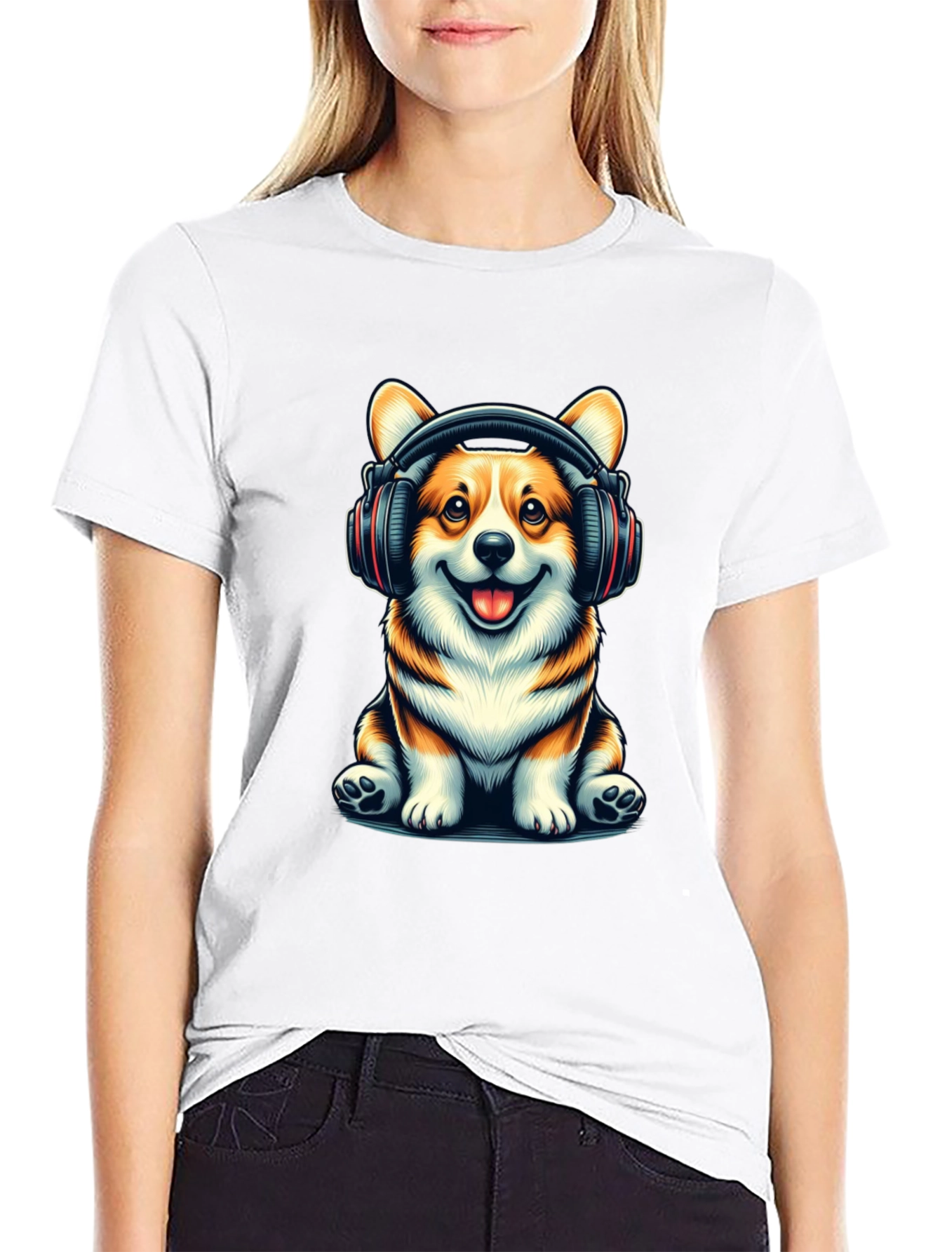 Black Corgi Headphones Graphic T-Shirt view 9