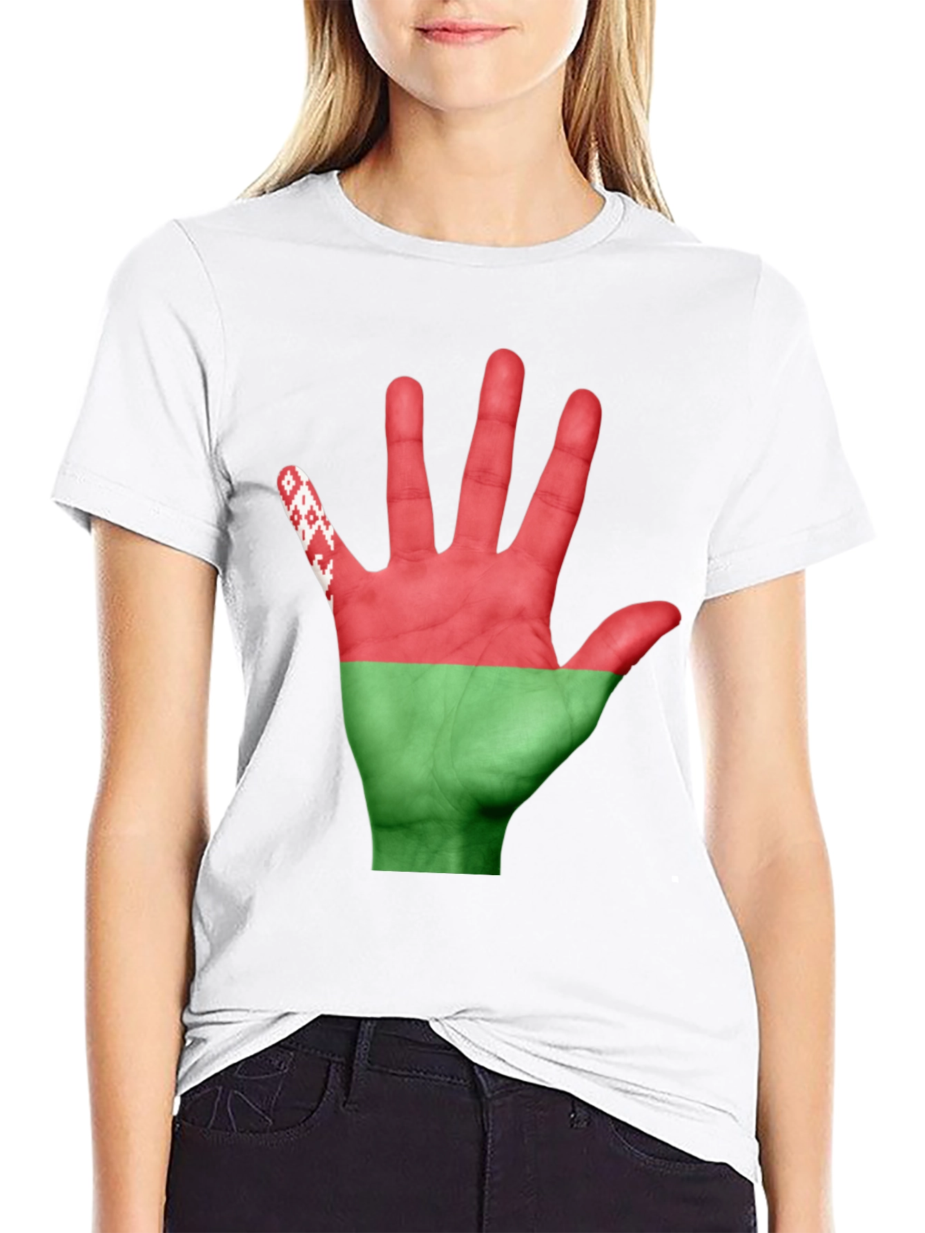 Black Belarus Flag Hand Print Black T-Shirt view 9