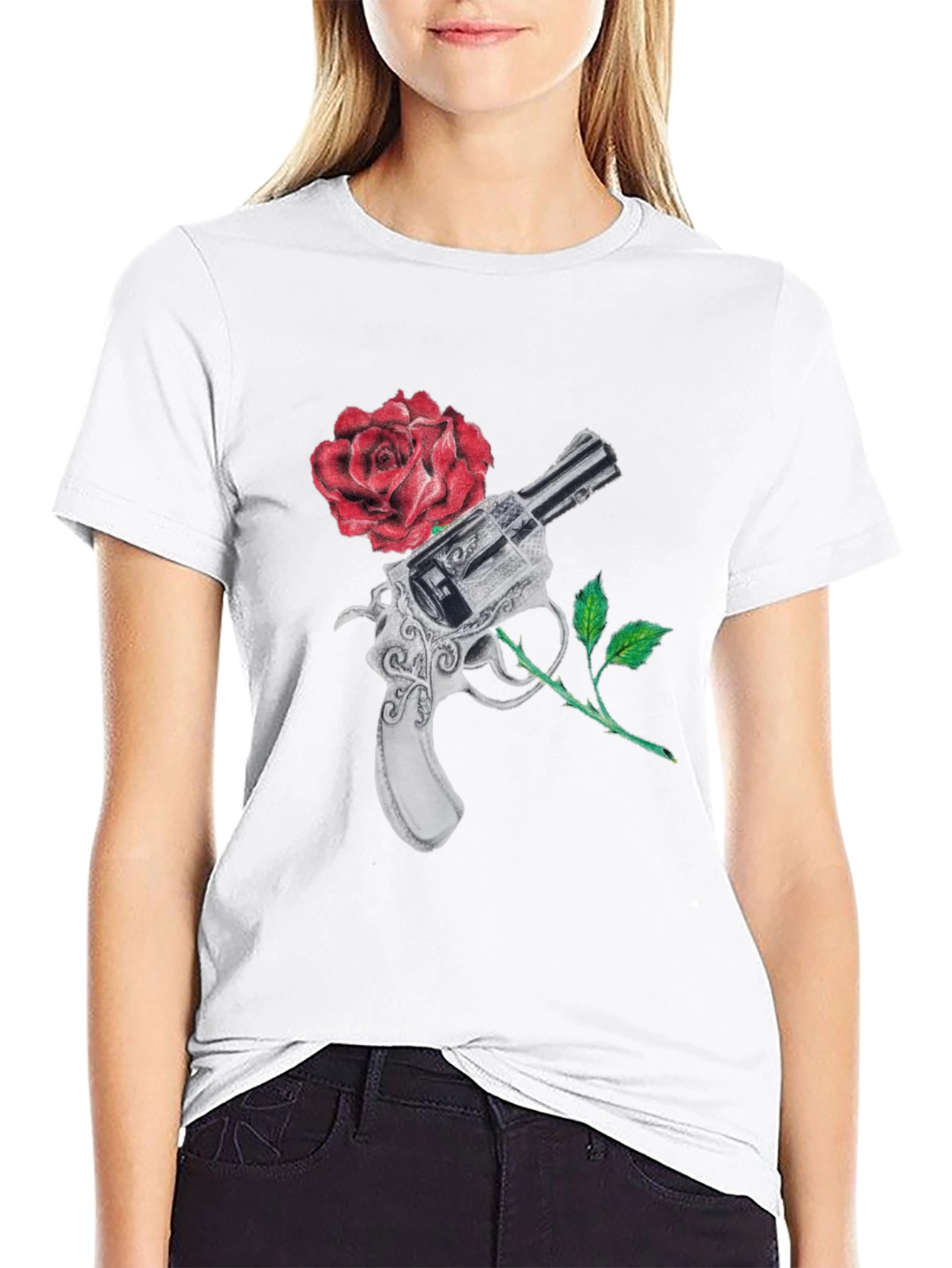 Black Gun and Rose Graphic Black T-Shirt view 9