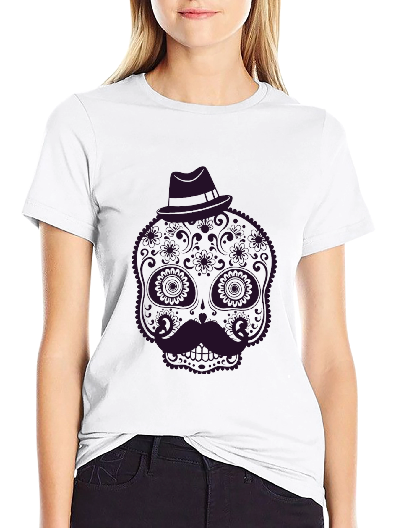 Black Sugar Skull Mustache Graphic Tee - Black view 9