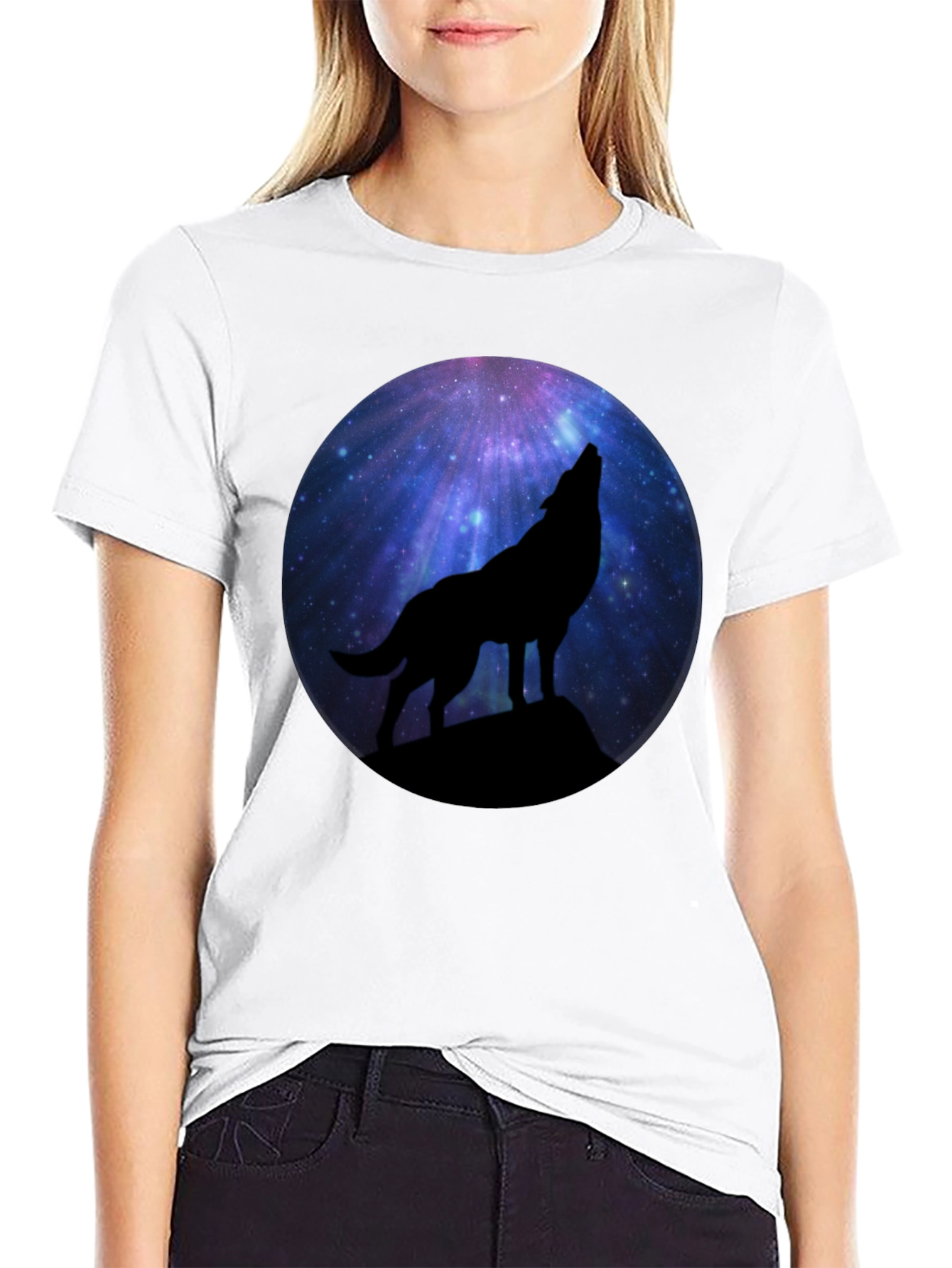 Black Wolf Howling at Galaxy Moon Men's Black T-Shirt view 9
