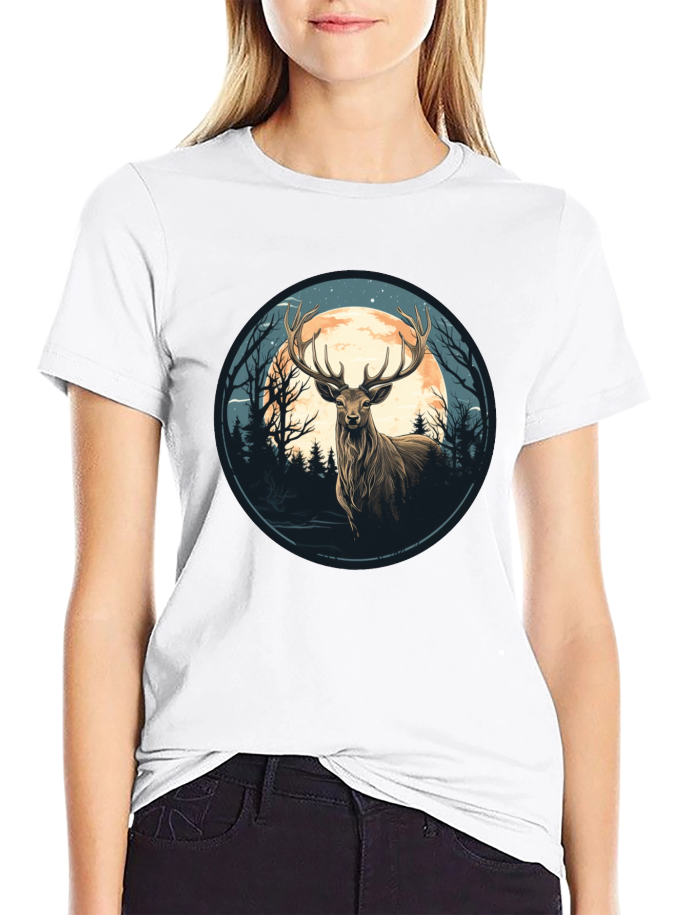Black Deer Moon Graphic Tee - Nature Inspired Black T-Shirt view 9