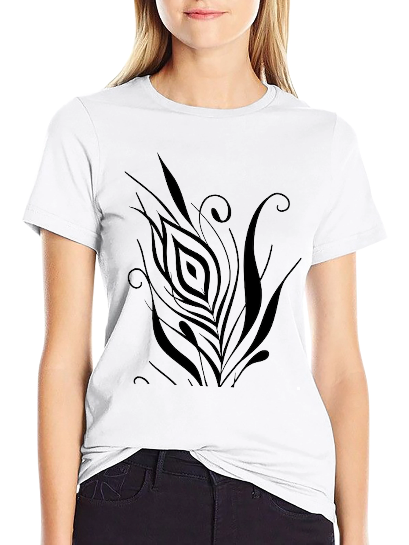 Black Men's Black T-Shirt with Abstract Feather Design view 9
