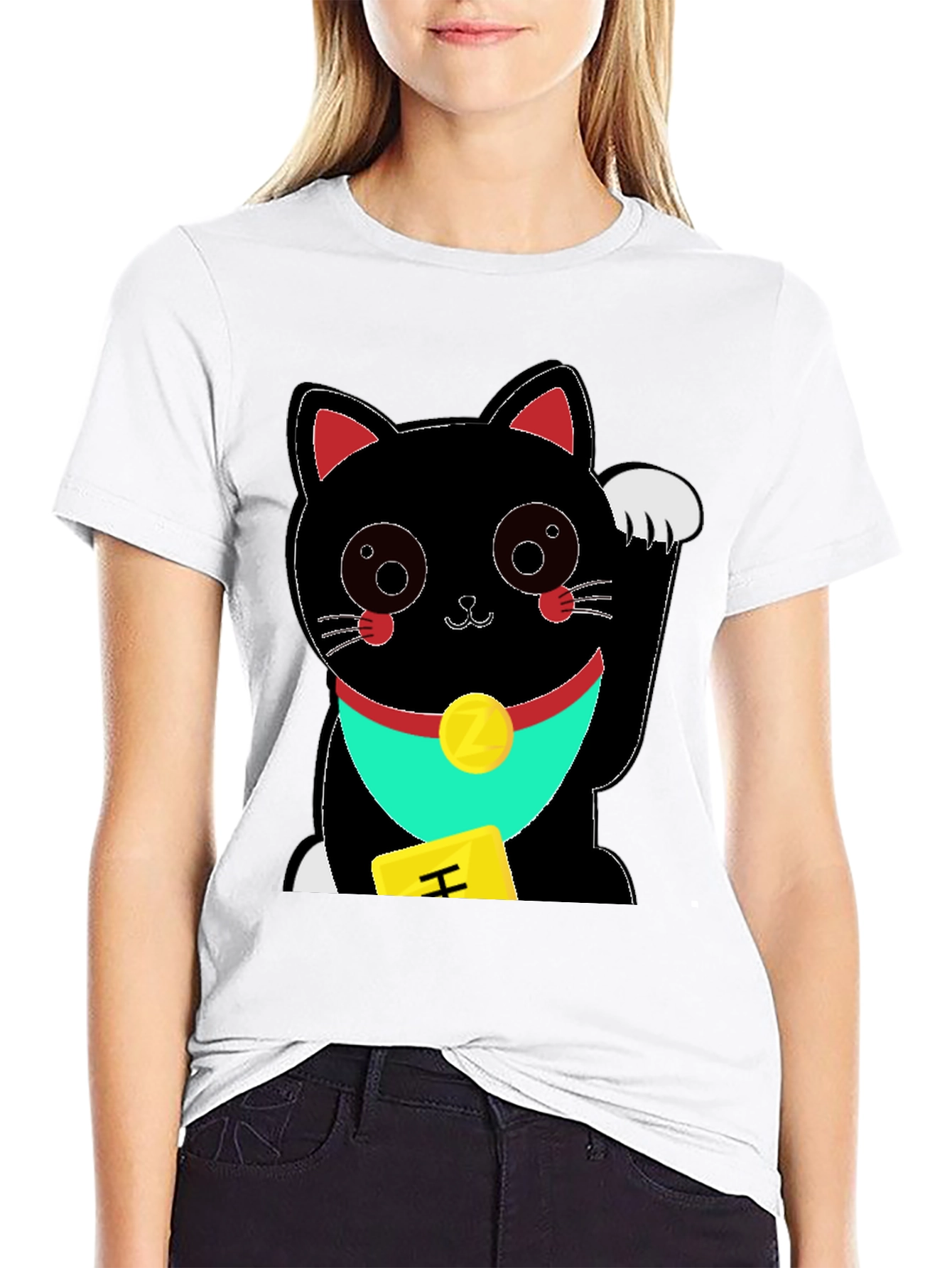 Black Lucky Cat Graphic Tee - Soft Black Cotton T-Shirt view 9