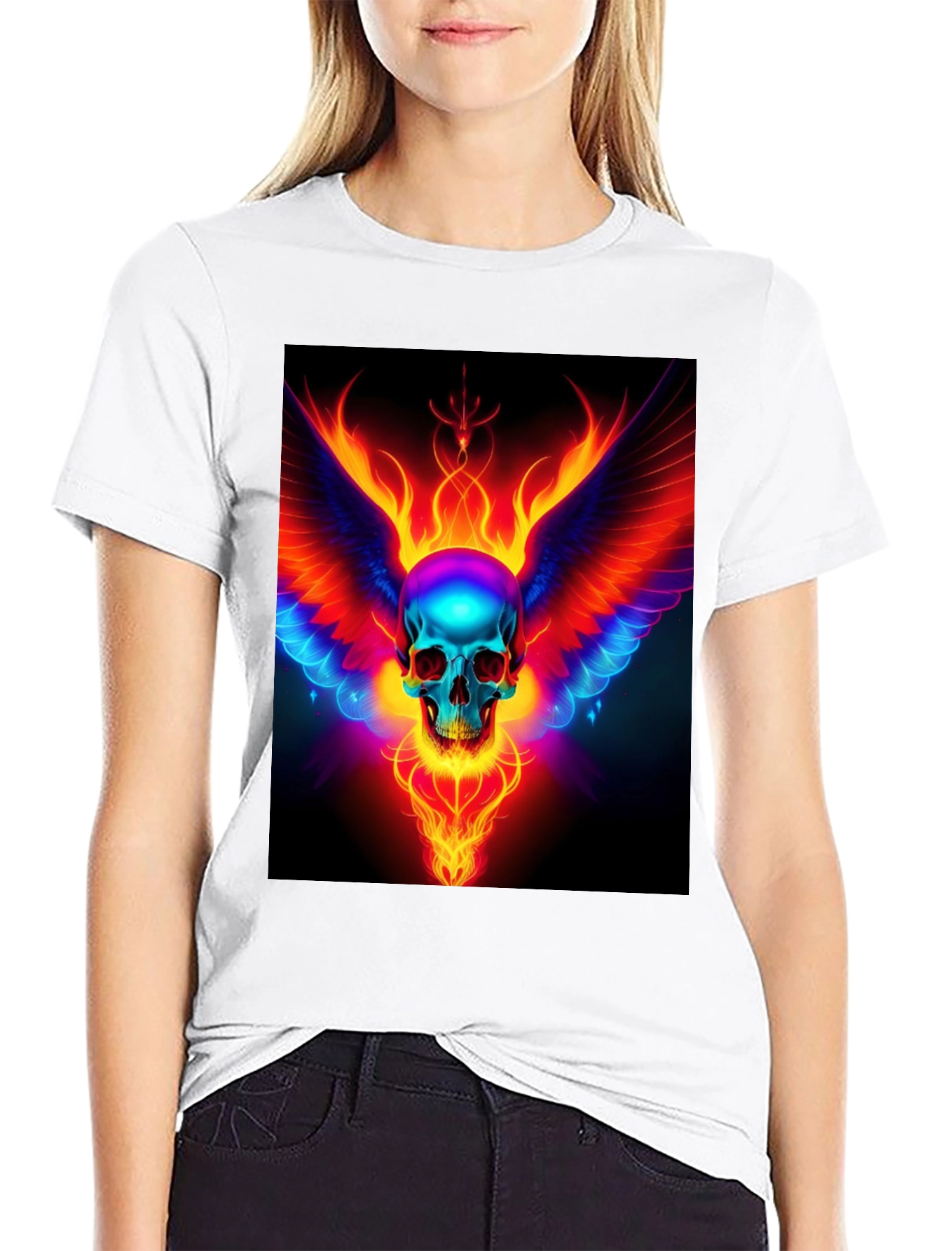 Black Flaming Skull Wings Graphic Black T-Shirt view 9