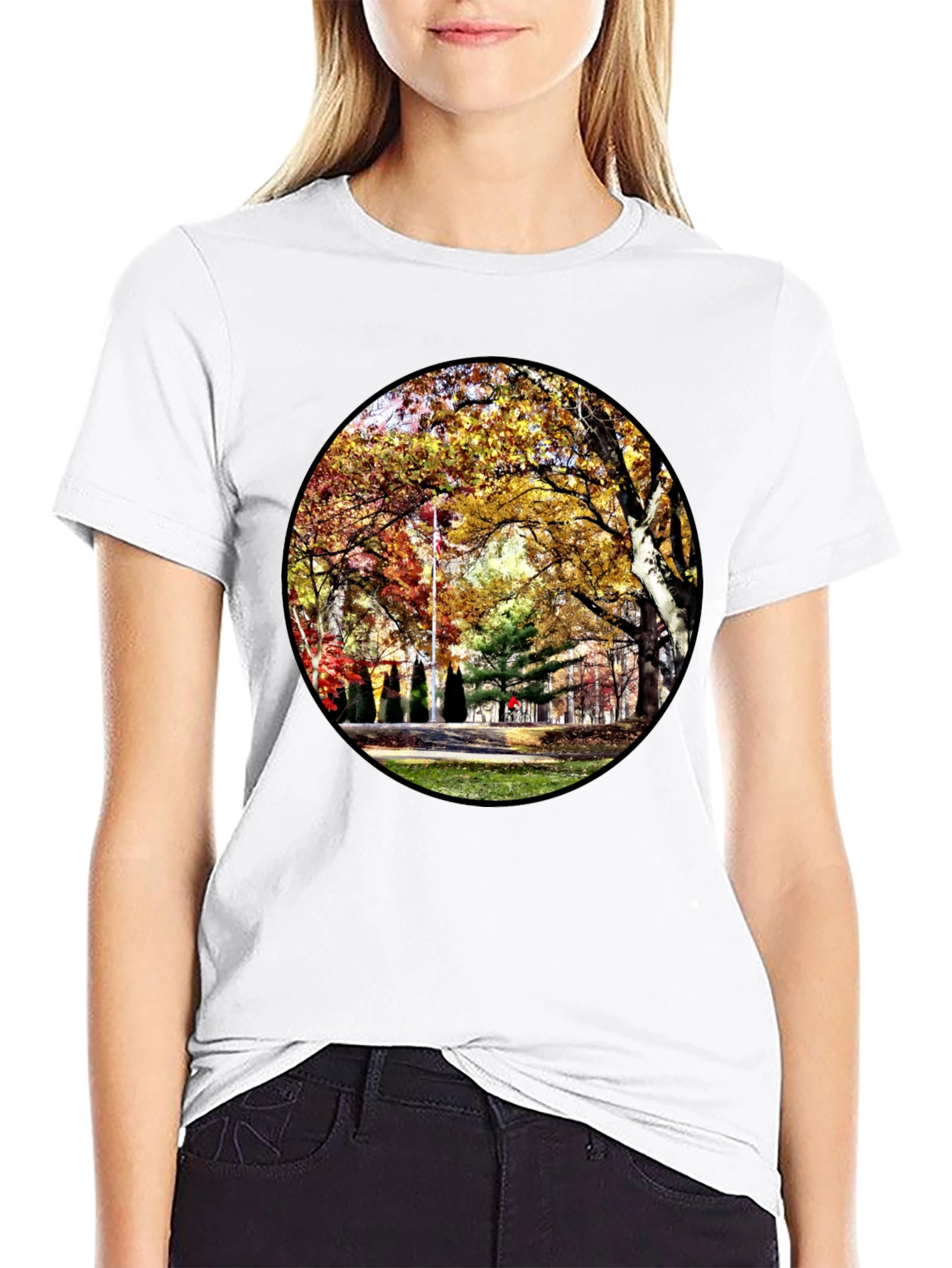 Black Autumn Park Scene Black T-Shirt view 9