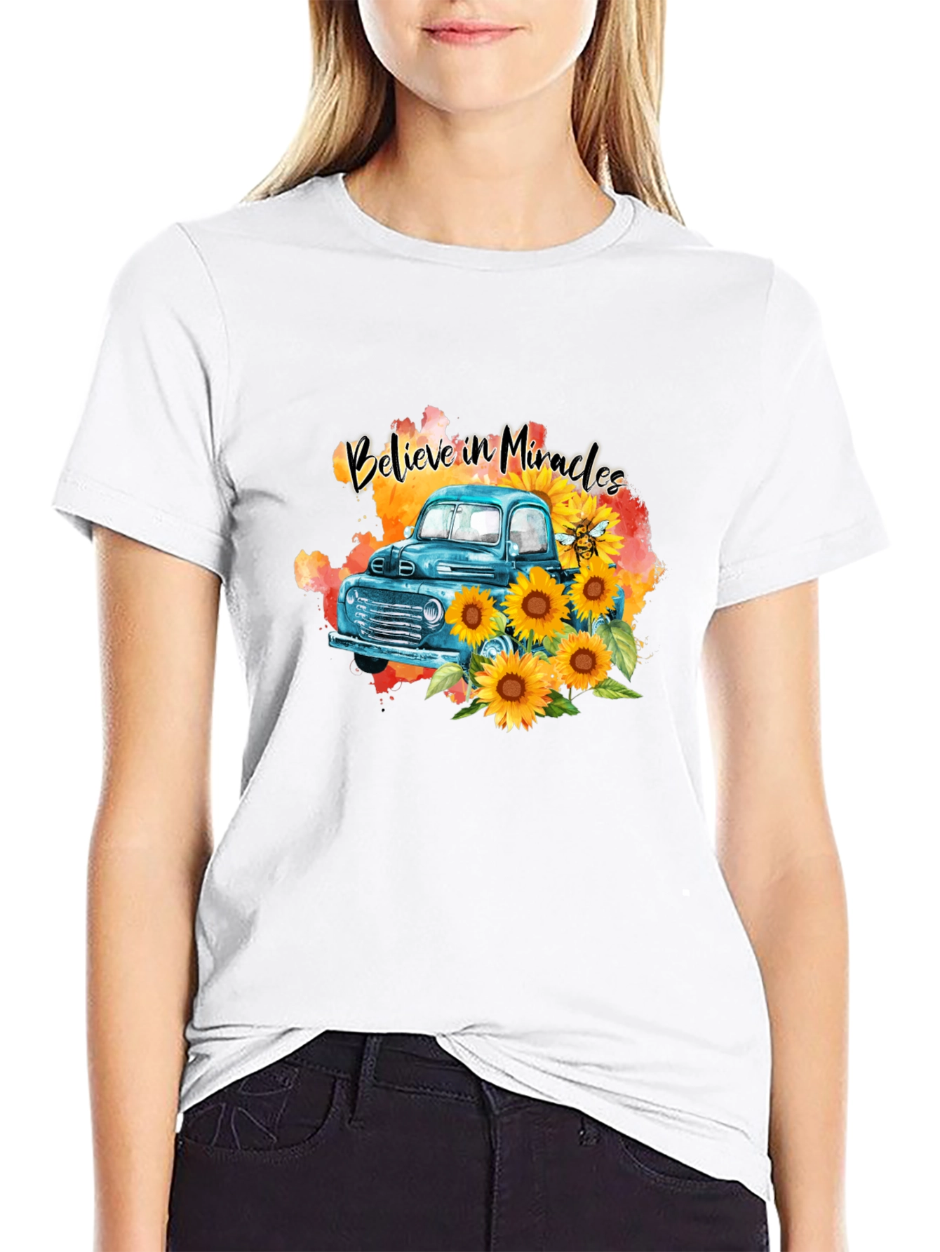 Black Believe in Miracles Sunflower Truck T-Shirt view 9