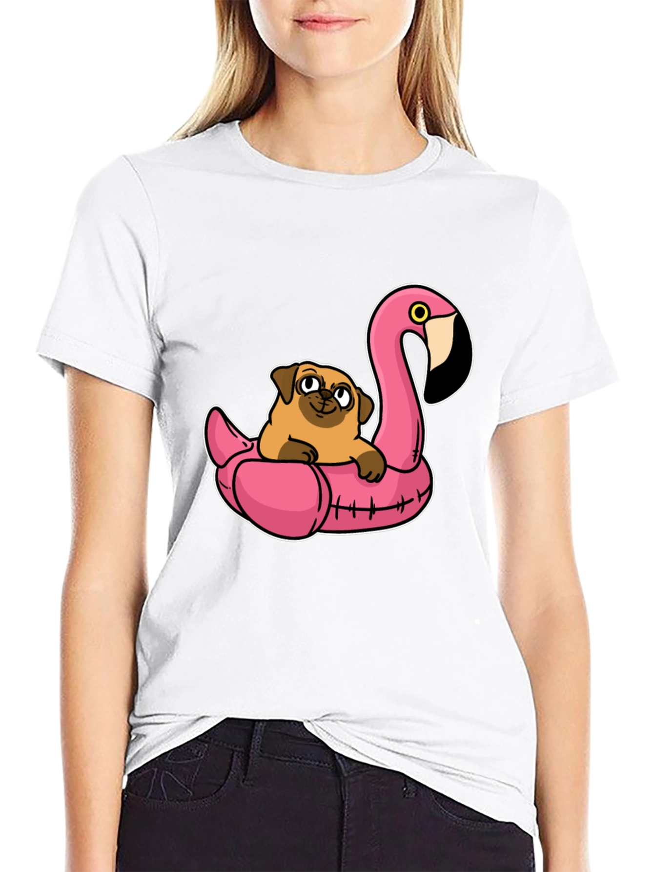 Black Pug on Flamingo Float T-Shirt view 9