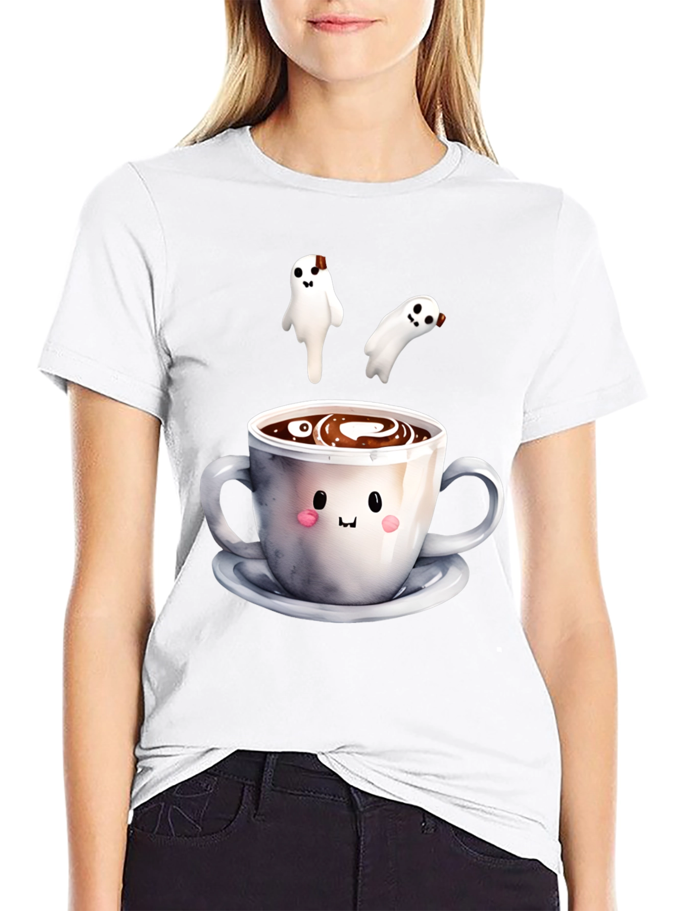 Black Cute Ghost Coffee T-Shirt, Spooky Season Apparel view 9