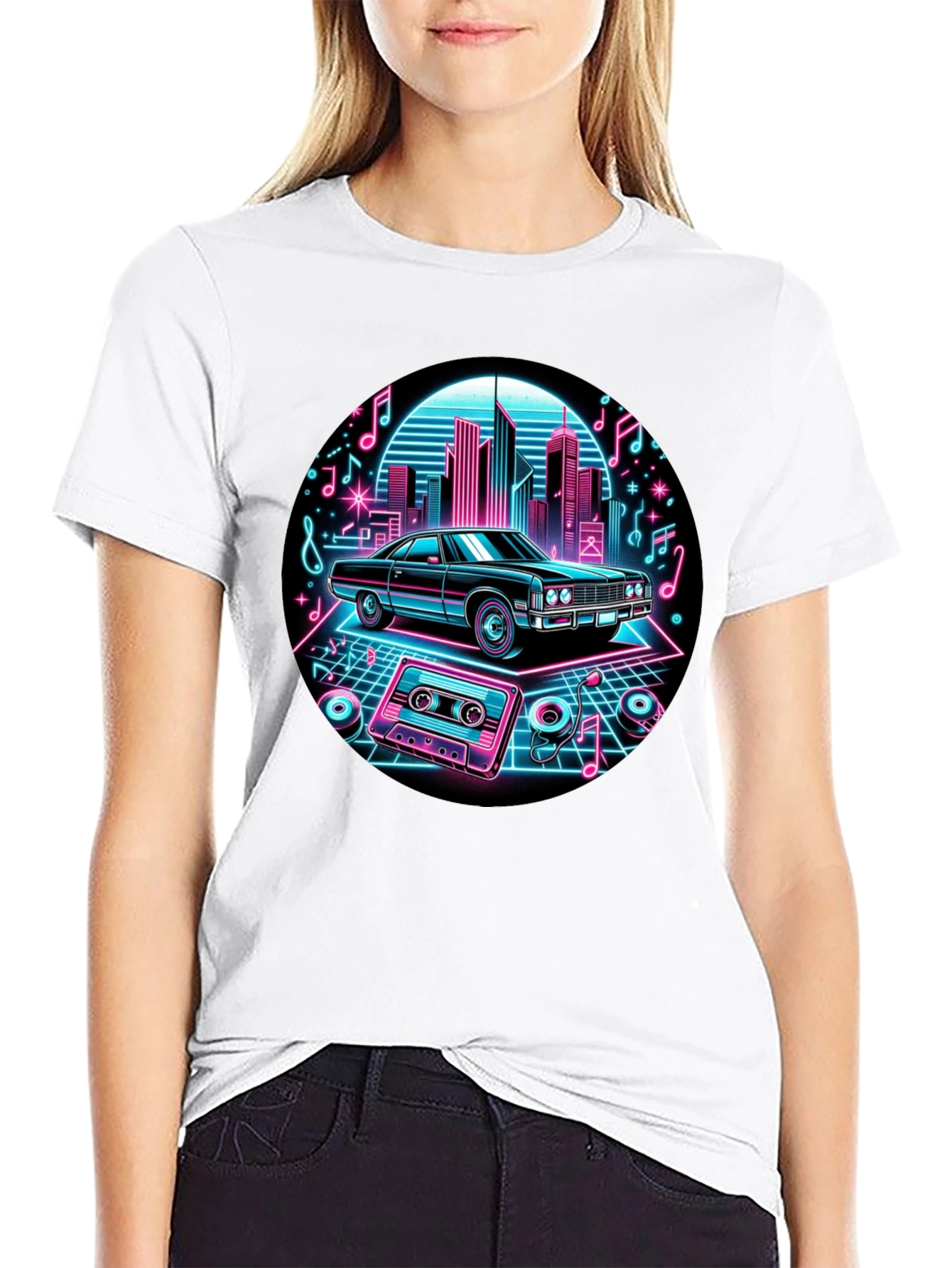Black Retro Car T-Shirt - Neon Cityscape Design view 9
