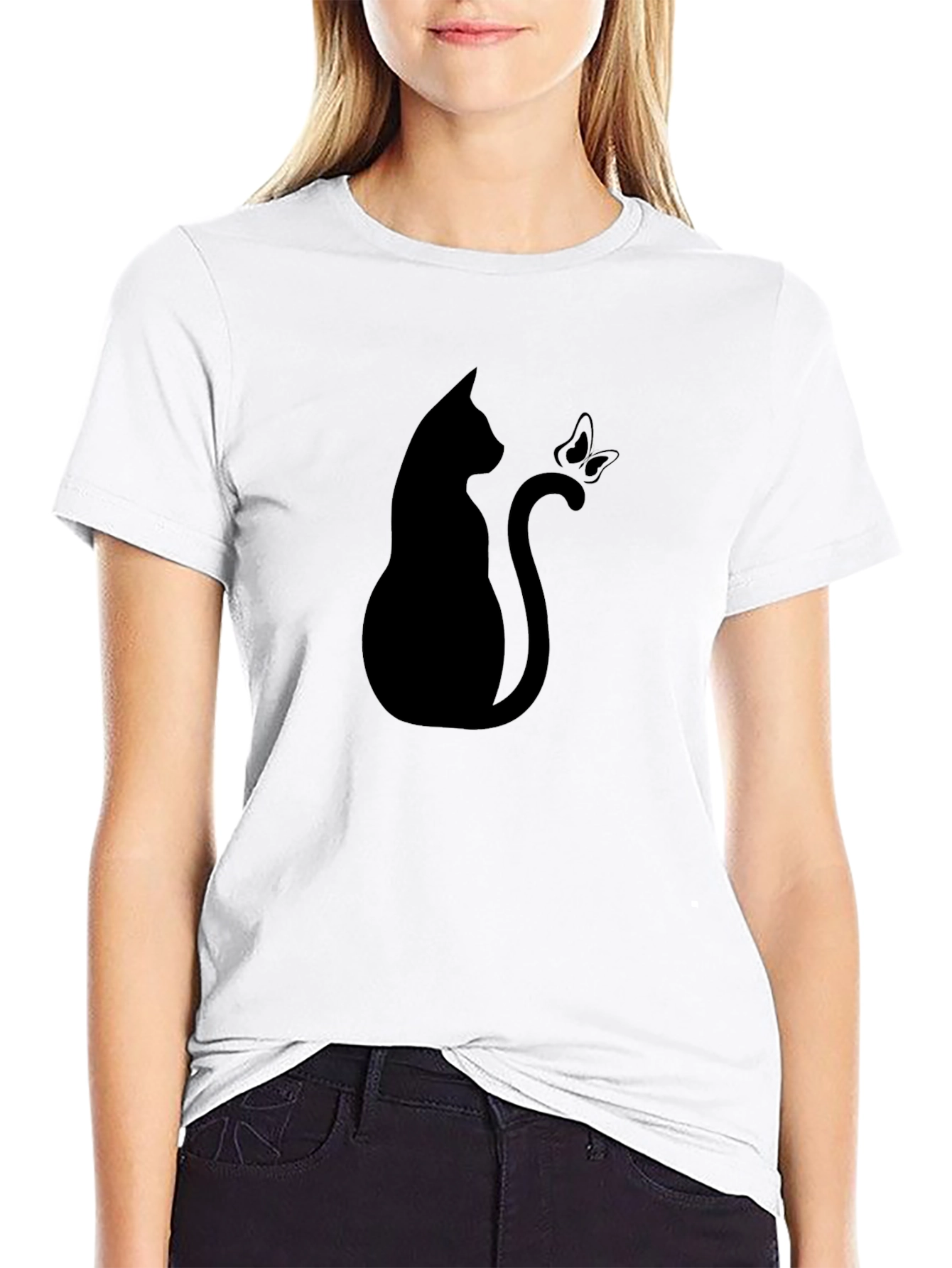Black Cat & Butterfly Graphic Tee - Stylish Black T-Shirt view 9