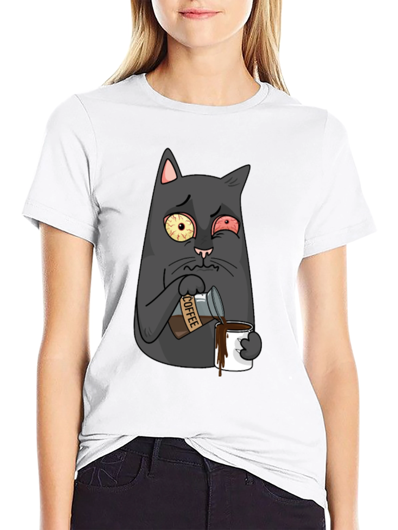 Black Coffee Cat T-Shirt - Funny Cartoon Graphic Tee view 9