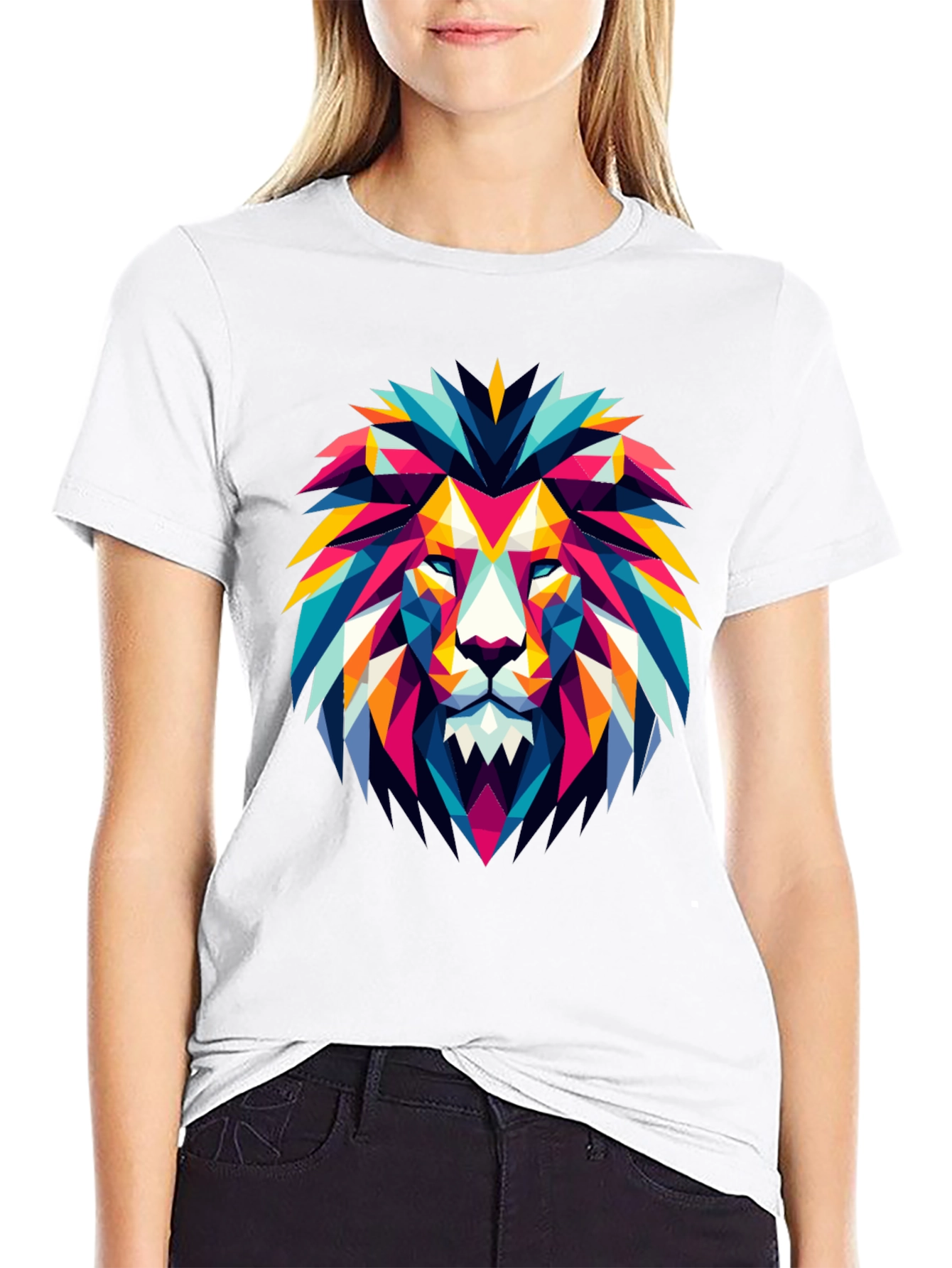 Black Geometric Lion Graphic Black T-Shirt view 9